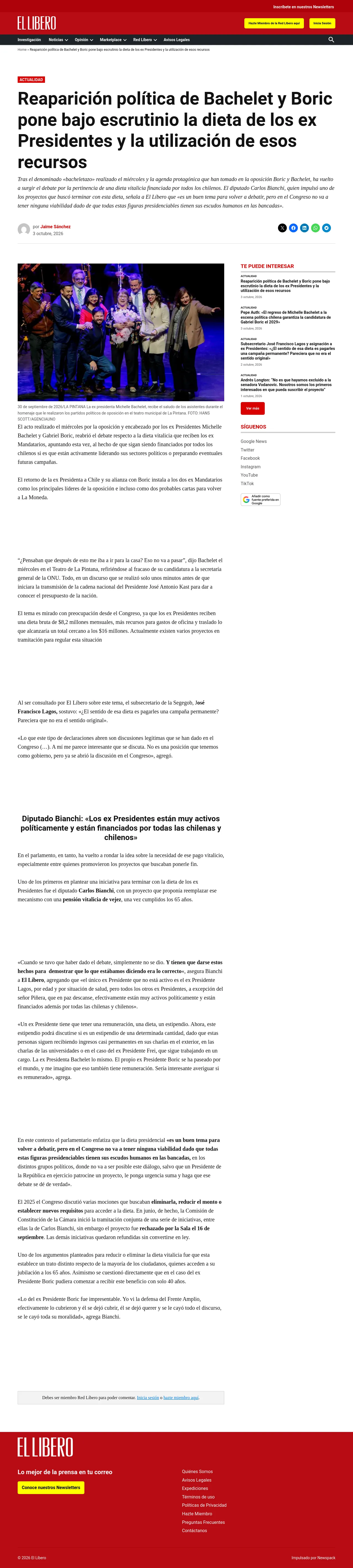 Reaparición política de Bachelet y Boric pone bajo escrutinio la dieta de los ex Presidentes y la utilización de esos recursos