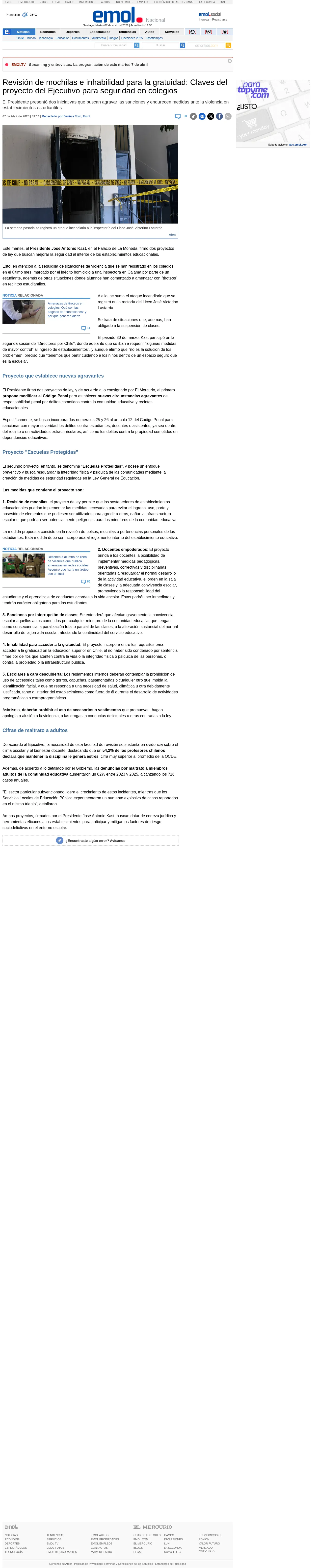 Revisión de mochilas e inhabilidad para la gratuidad: Claves del proyecto del Ejecutivo para seguridad en colegios