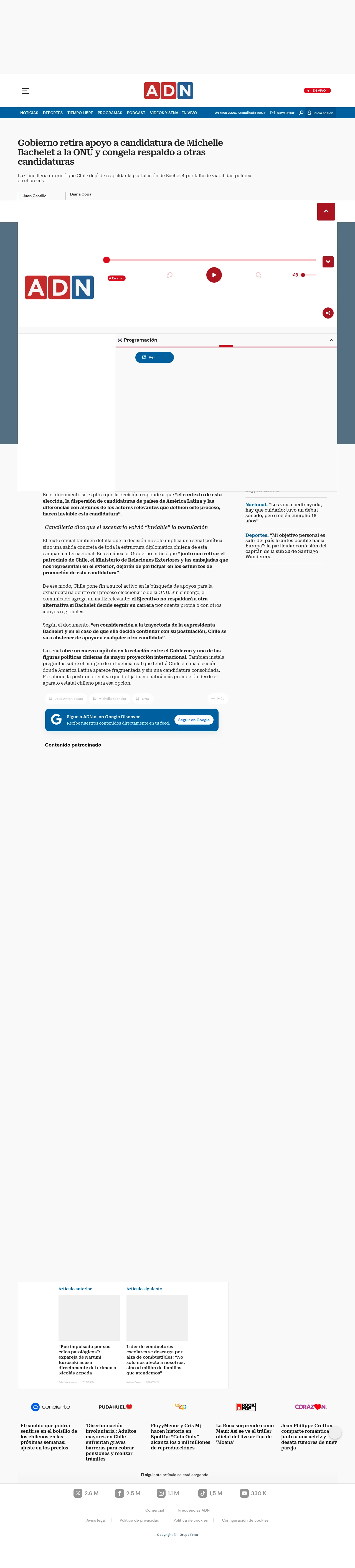Gobierno retira apoyo a candidatura de Michelle Bachelet a la ONU y congela respaldo a otras candidaturas