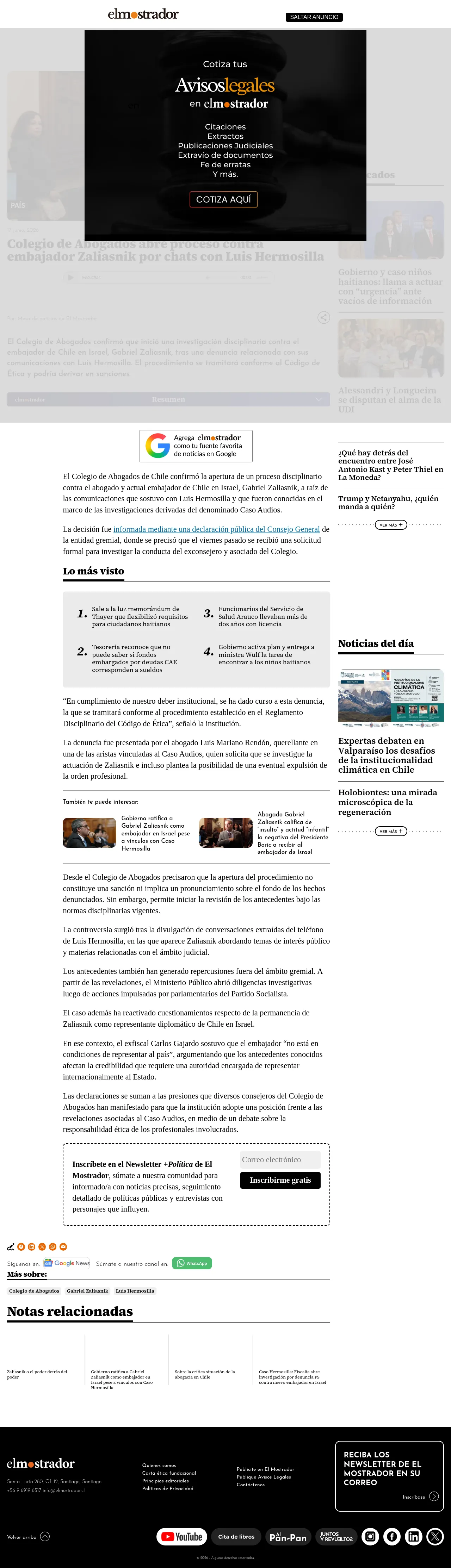 Colegio de Abogados abre proceso contra embajador Zaliasnik por chats con Luis Hermosilla