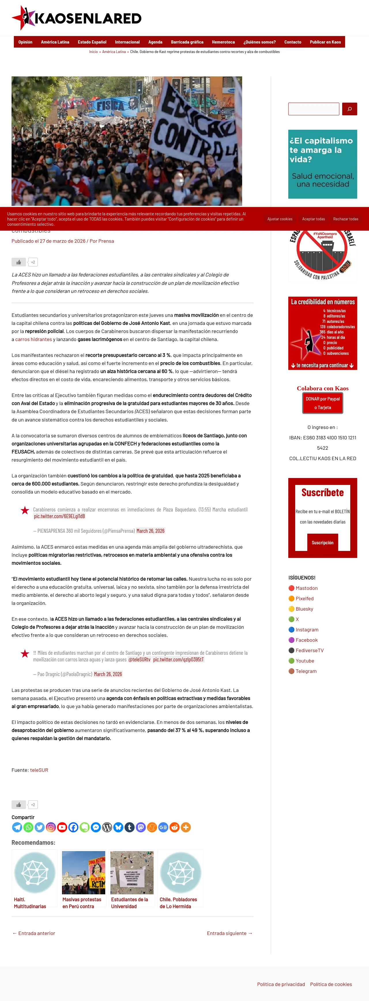 Chile. Gobierno de Kast reprime protestas de estudiantes contra recortes y alza de combustibles