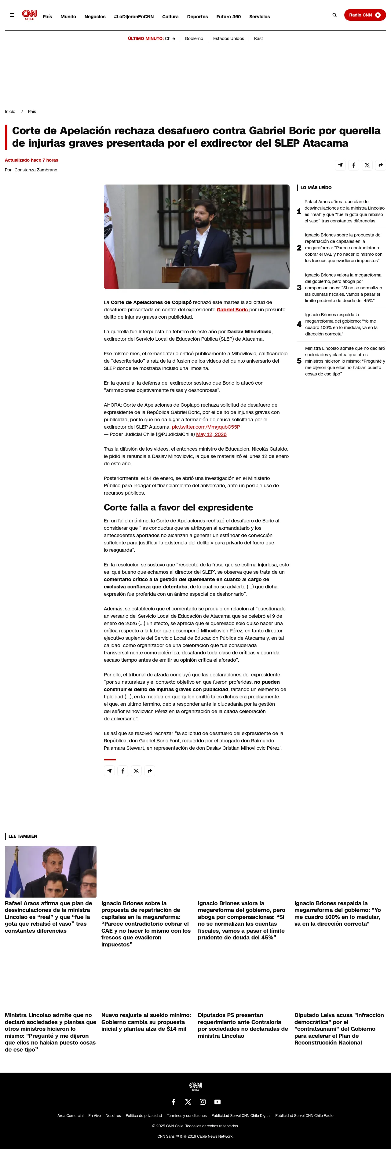 Corte de Apelación rechaza desafuero contra Gabriel Boric por querella de injurias graves presentada por el exdirector del SLEP Atacama