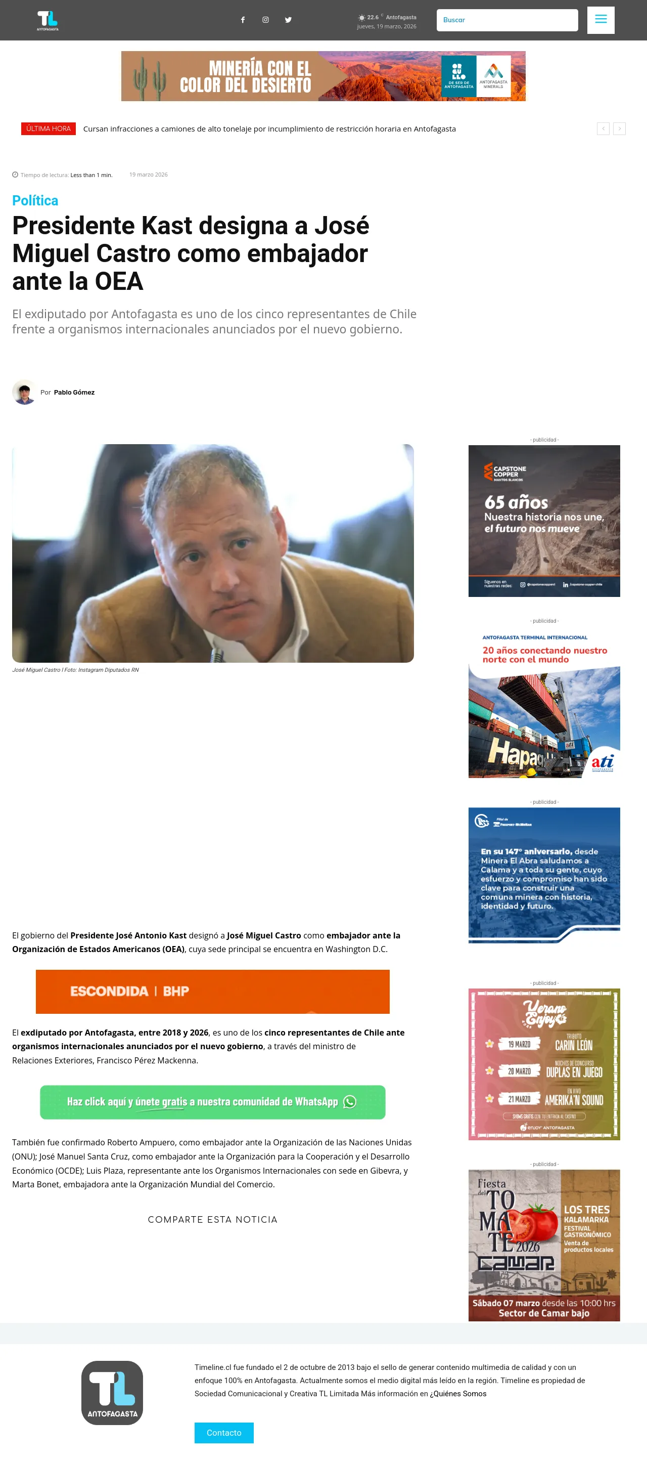 Presidente Kast designa a José Miguel Castro como embajador ante la OEA