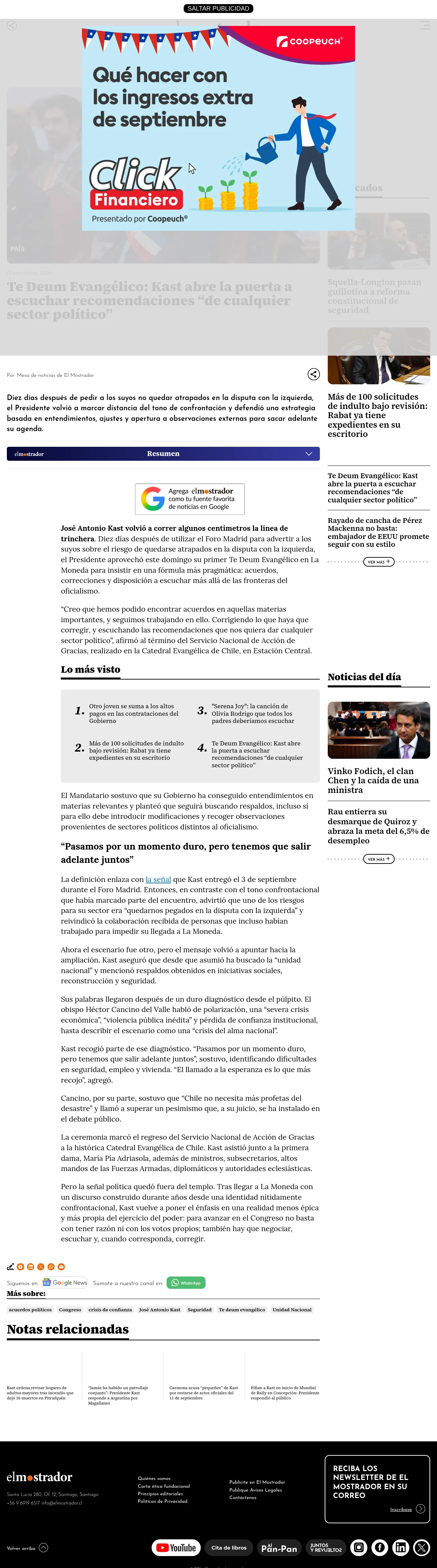 Te Deum Evangélico: Kast abre la puerta a escuchar recomendaciones “de cualquier sector político”