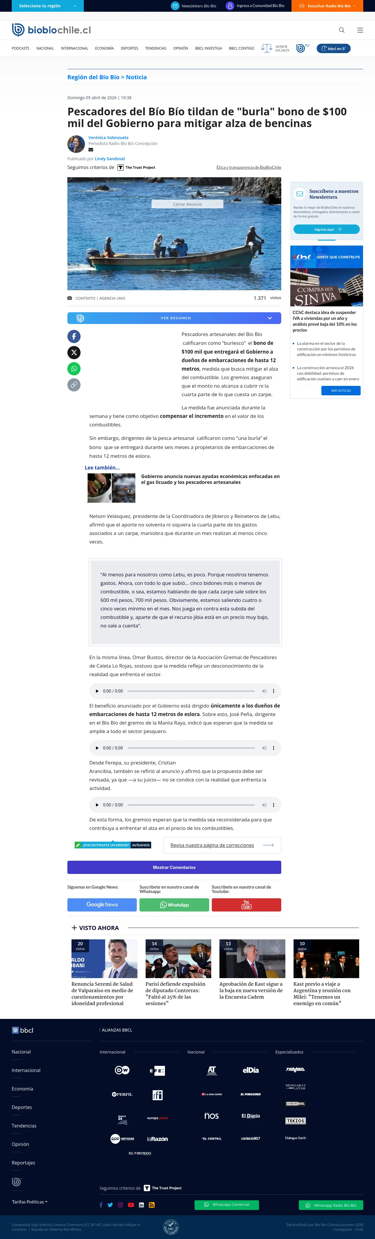 Pescadores del Bío Bío tildan de "burla" bono de $100 mil del Gobierno para mitigar alza de bencinas