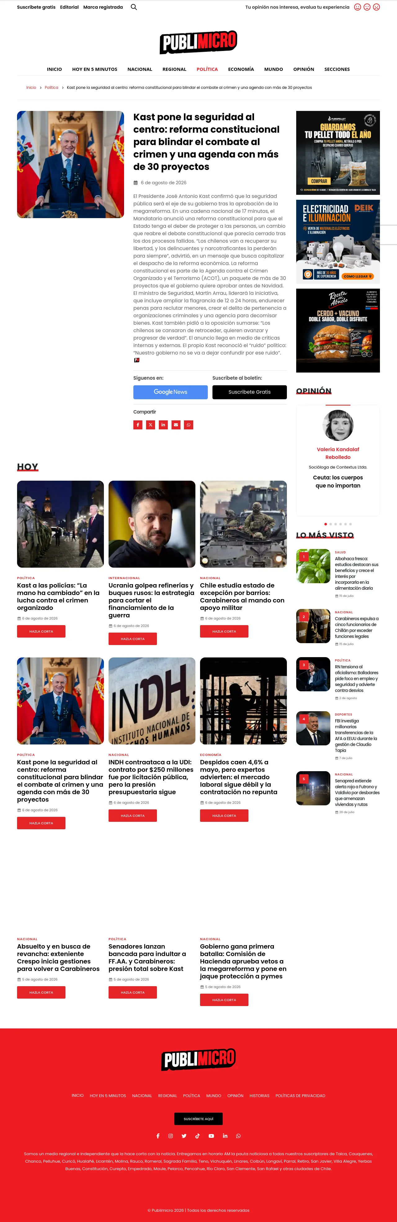 Kast pone la seguridad al centro: reforma constitucional para blindar el combate al crimen y una agenda con más de 30 proyectos