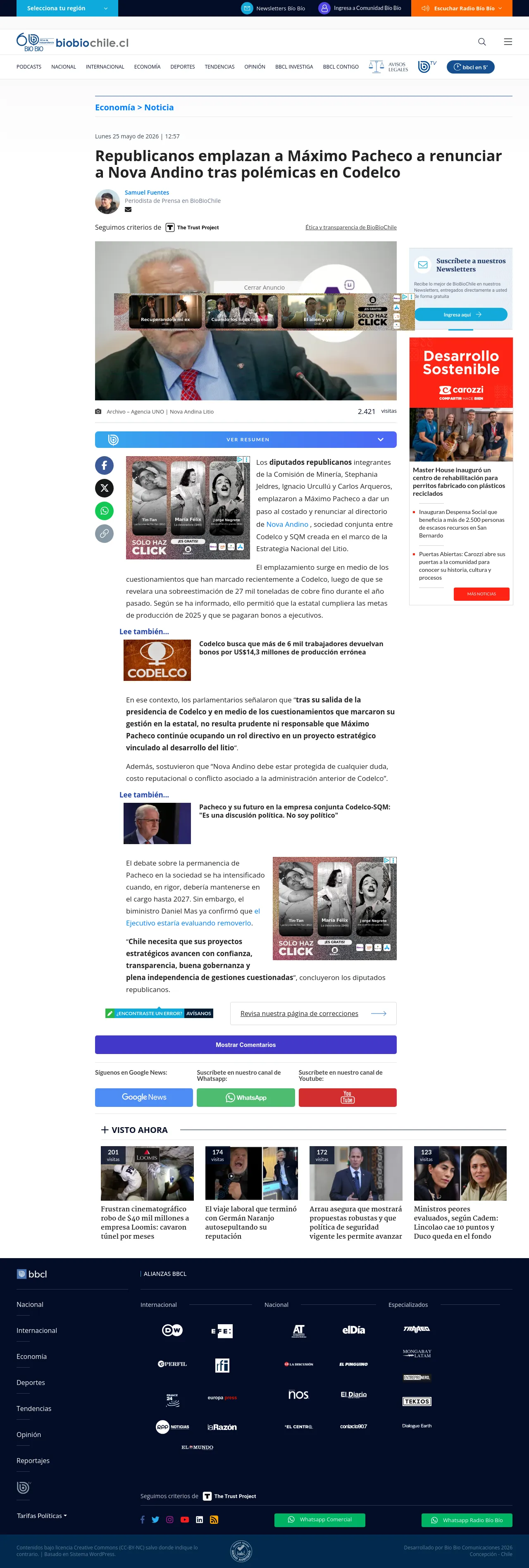 Republicanos emplazan a Máximo Pacheco a renunciar a Nova Andino tras polémicas en Codelco