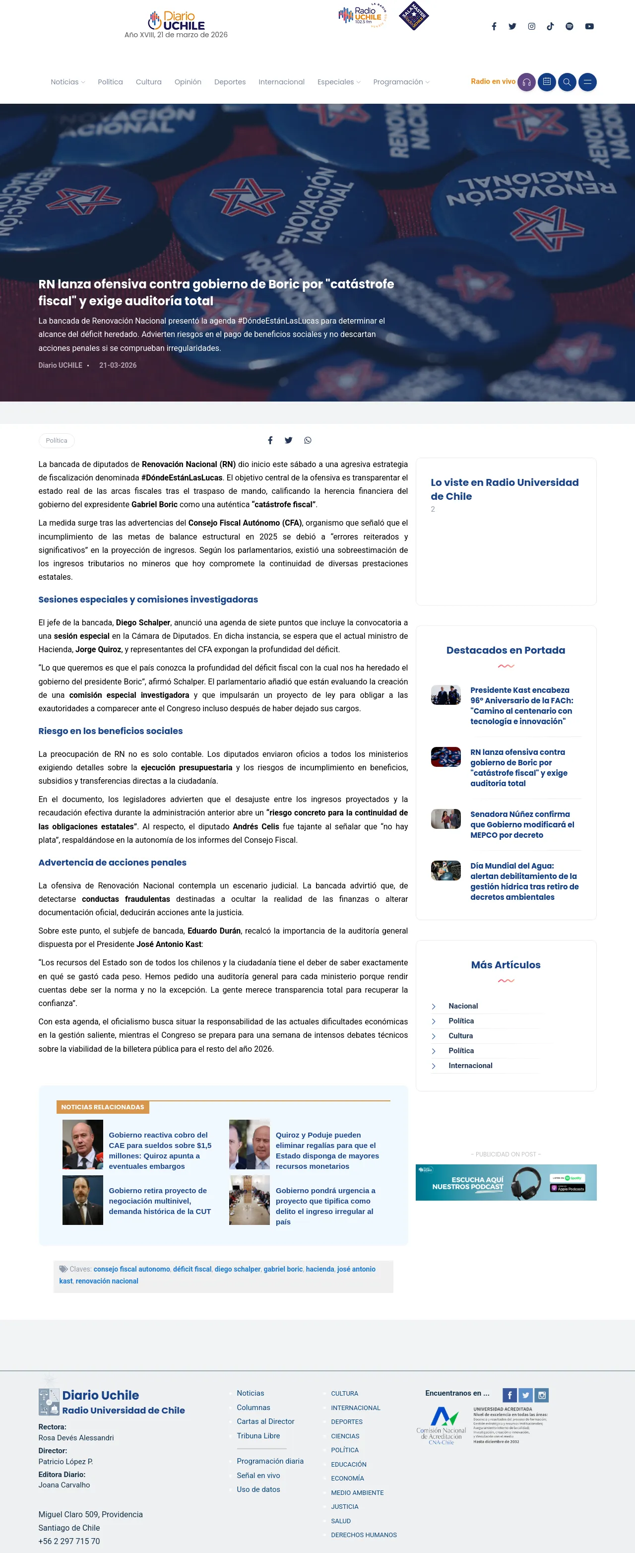 RN lanza ofensiva contra gobierno de Boric por "catástrofe fiscal" y exige auditoría total