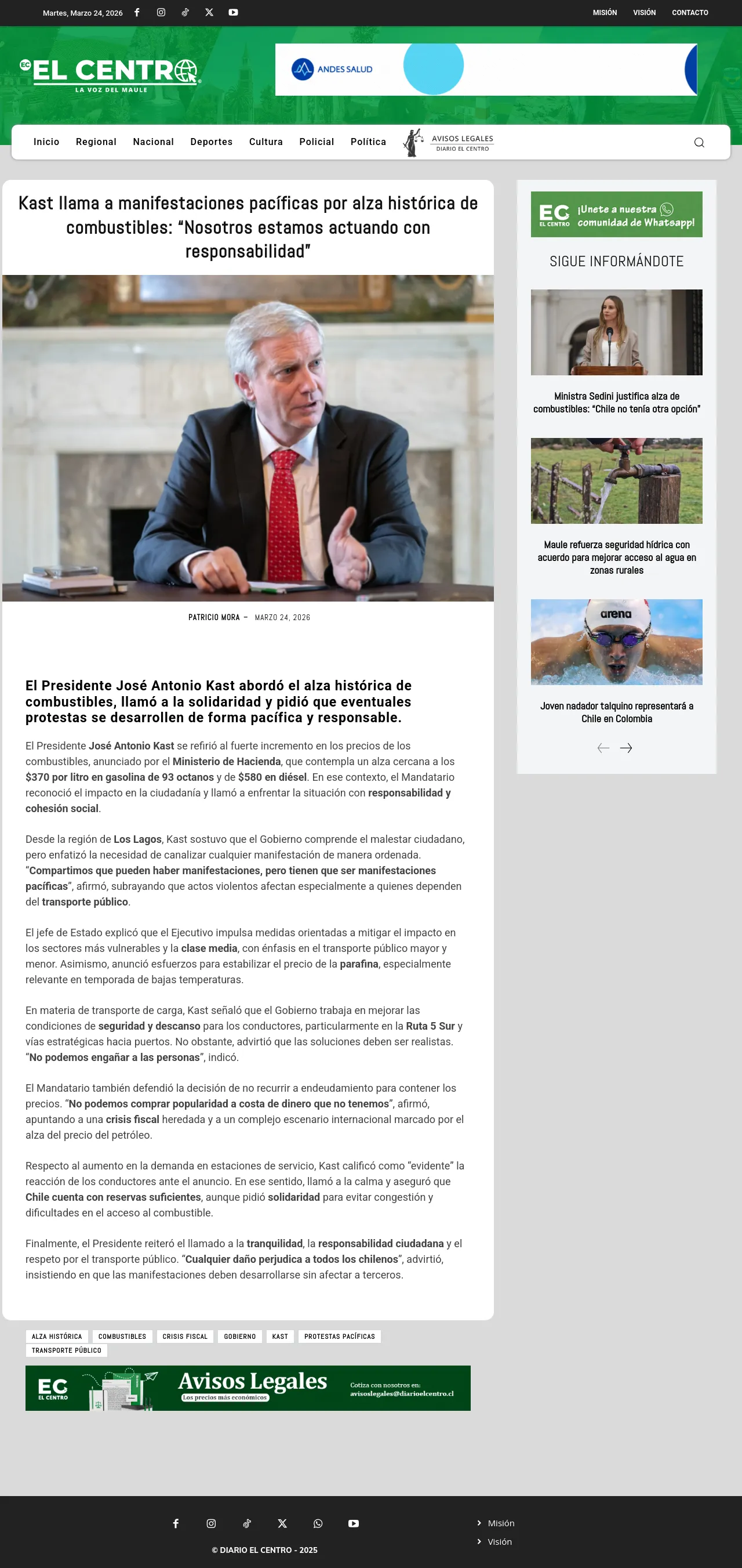 Kast llama a manifestaciones pacíficas por alza histórica de combustibles: “Nosotros estamos actuando con responsabilidad”