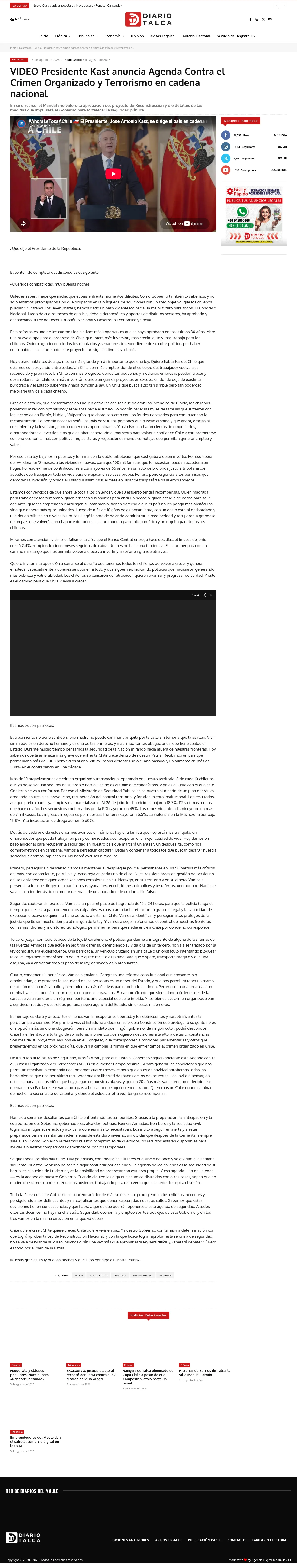 VIDEO Presidente Kast anuncia Agenda Contra el Crimen Organizado y Terrorismo en cadena nacional