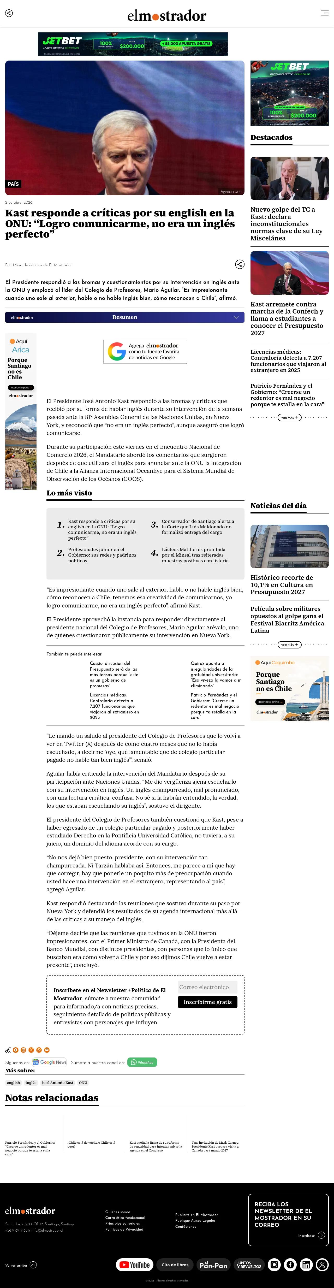 Kast responde a críticas por su english en la ONU: “Logro comunicarme, no era un inglés perfecto”