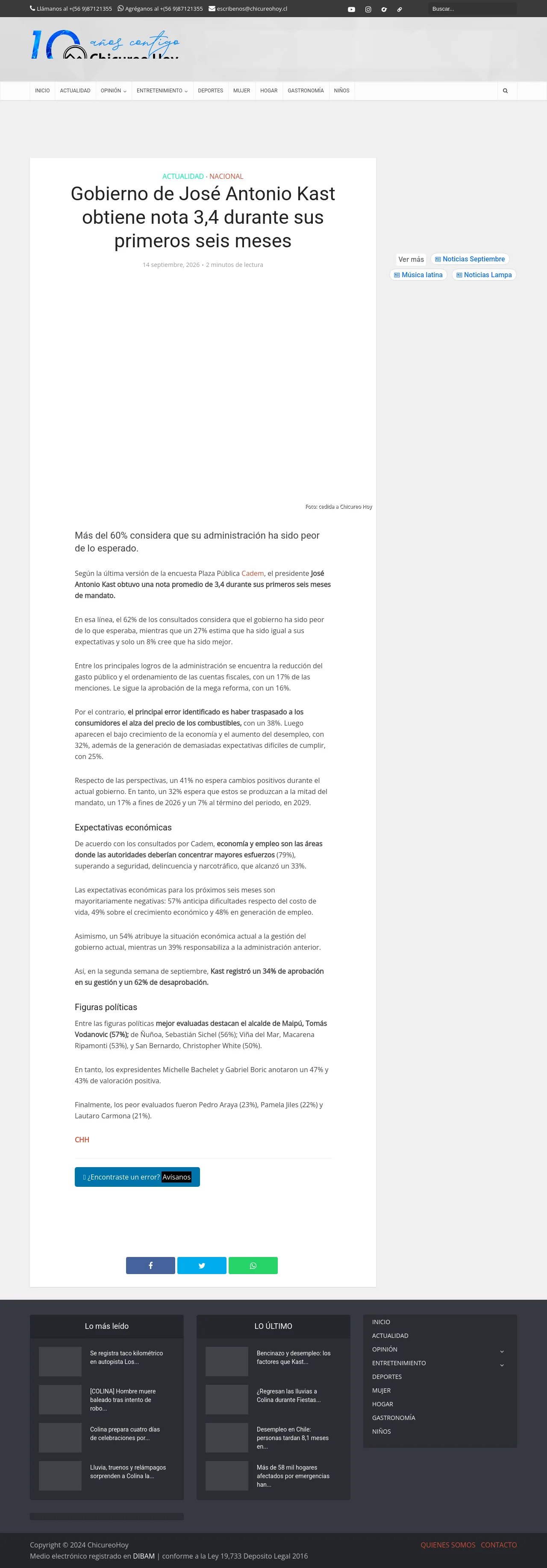Gobierno de José Antonio Kast obtiene nota 3,4 durante sus primeros seis meses