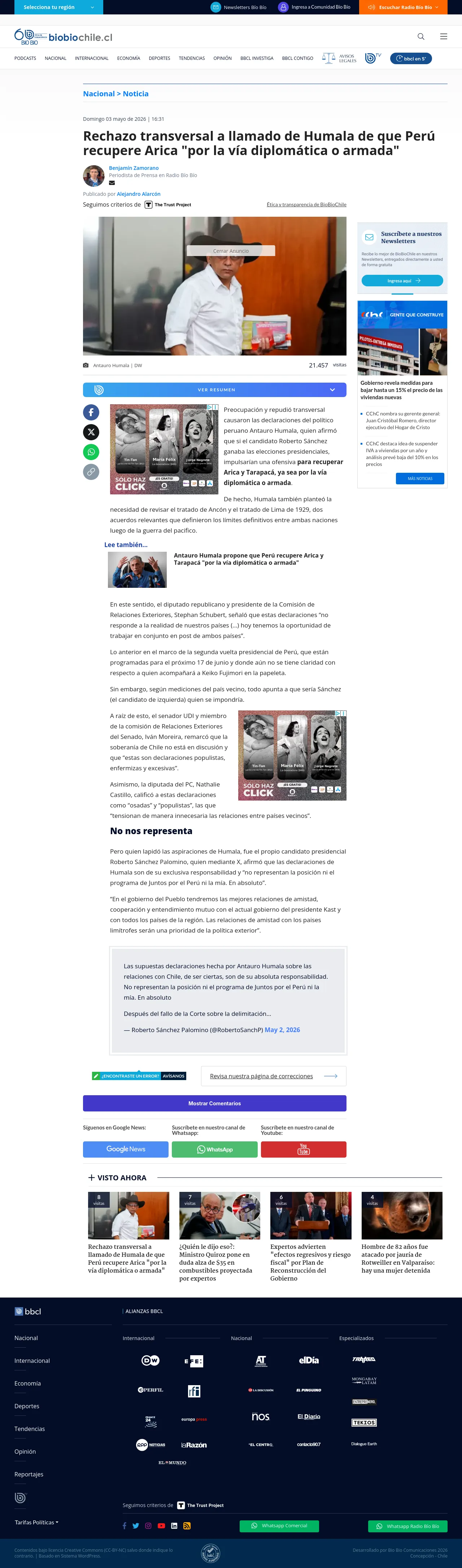Rechazo transversal a llamado de Humala de que Perú recupere Arica "por la vía diplomática o armada"