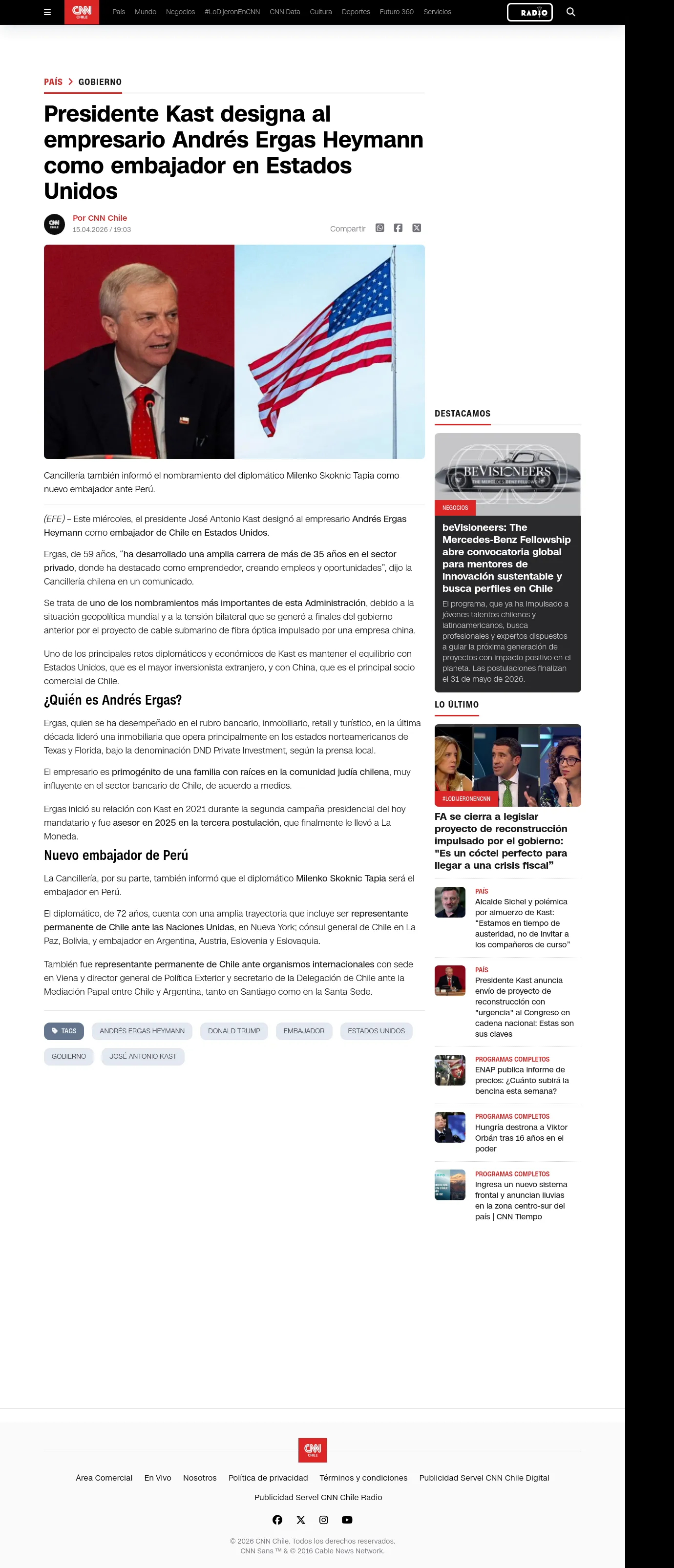 Presidente Kast designa al empresario Andrés Ergas Heymann como embajador en Estados Unidos