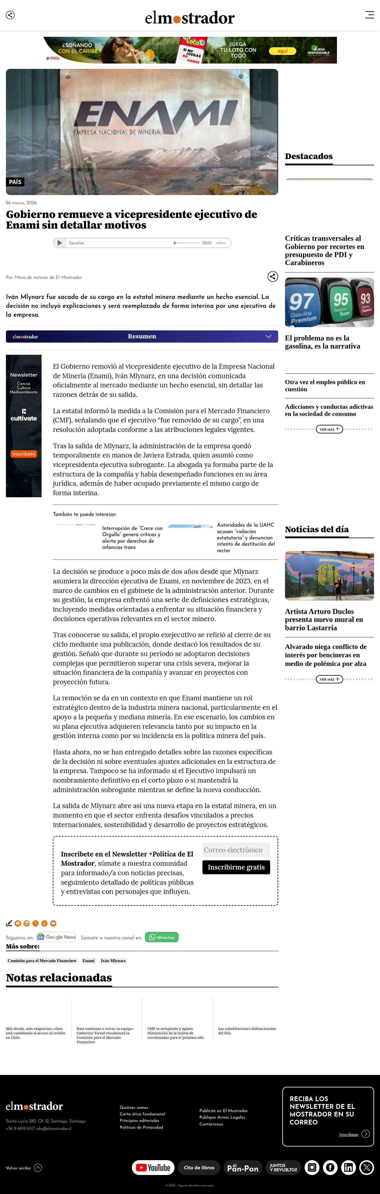 Gobierno remueve a vicepresidente ejecutivo de Enami sin detallar motivos