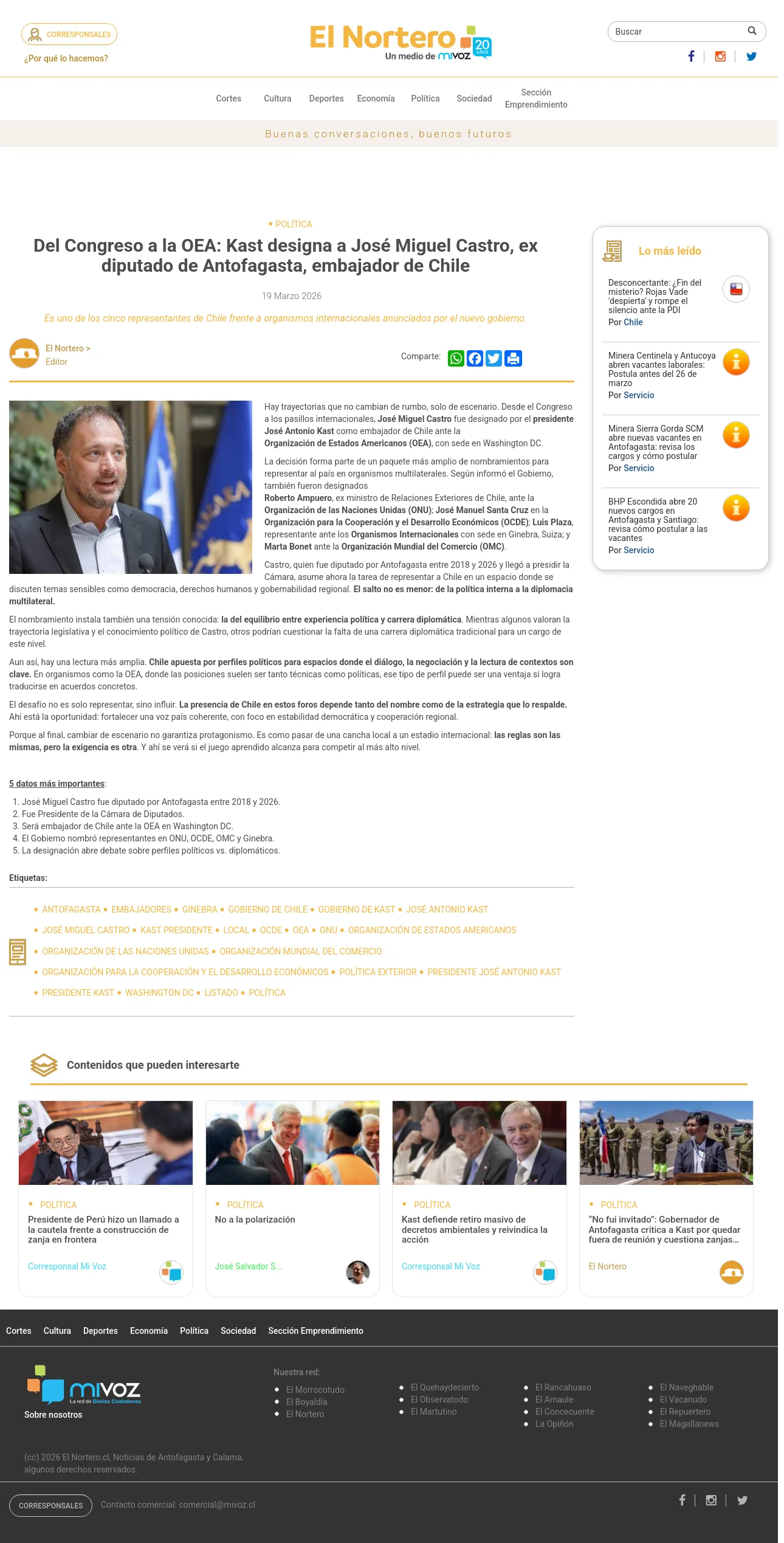 Del Congreso a la OEA: Kast designa a José Miguel Castro, ex diputado de Antofagasta, embajador de Chile