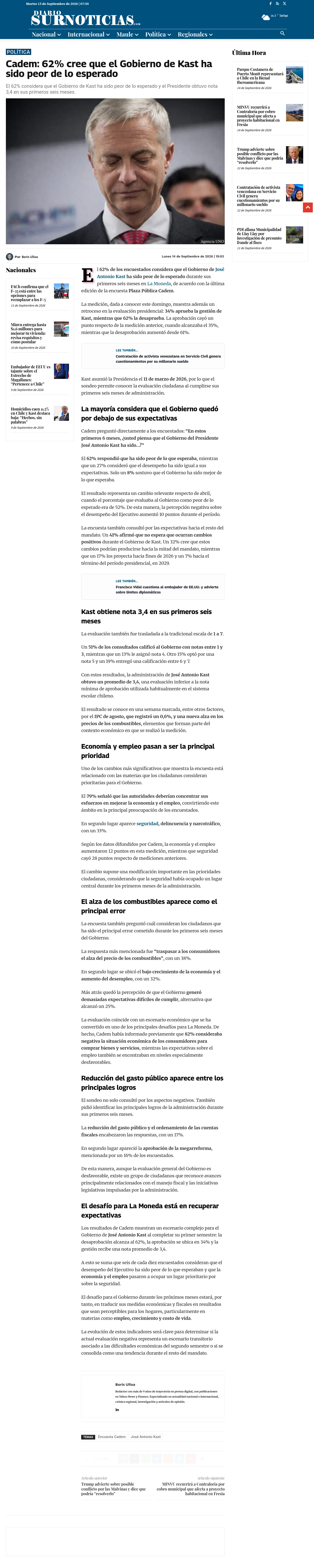 Cadem: 62% cree que el Gobierno de Kast ha sido peor de lo esperado