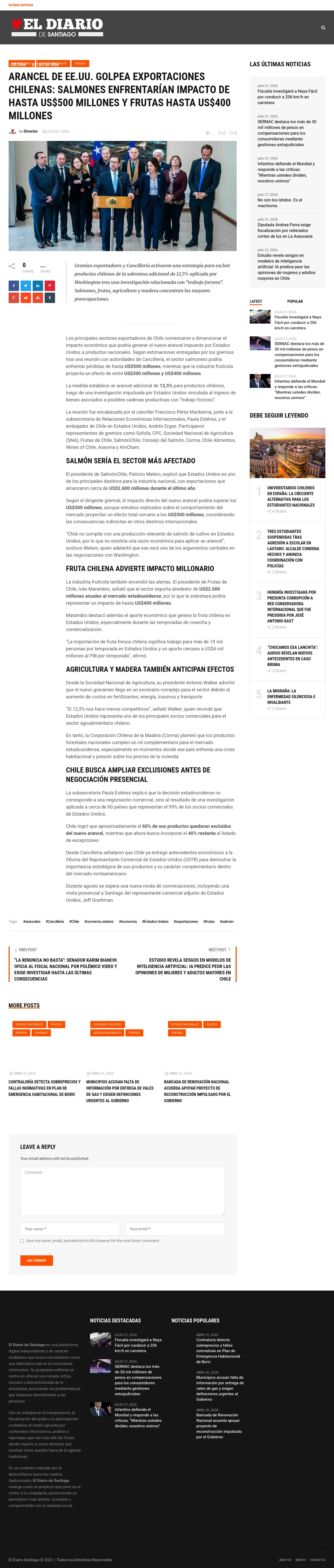 Arancel de EE.UU. golpea exportaciones chilenas: salmones enfrentarían impacto de hasta US$500 millones y frutas hasta US$400 millones
