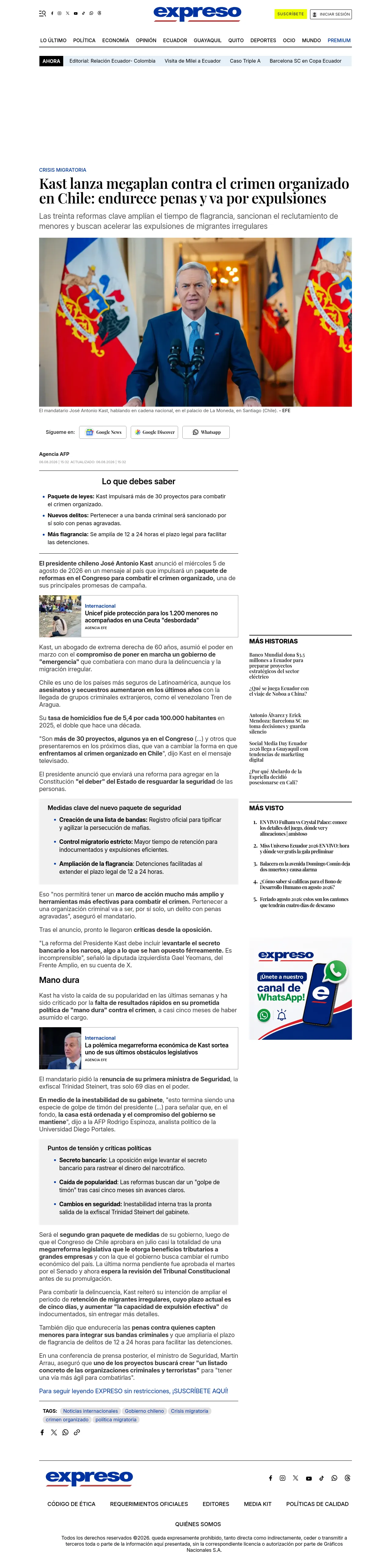 Kast lanza megaplan contra el crimen organizado en Chile: endurece penas y va por expulsiones