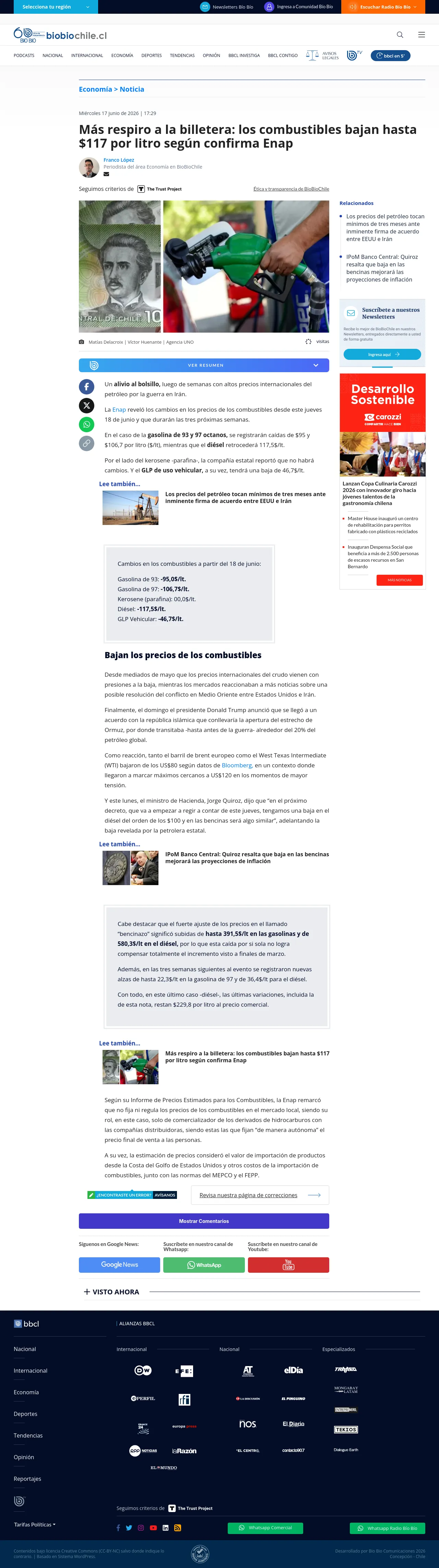Más respiro a la billetera: los combustibles bajan hasta $117 por litro según confirma Enap