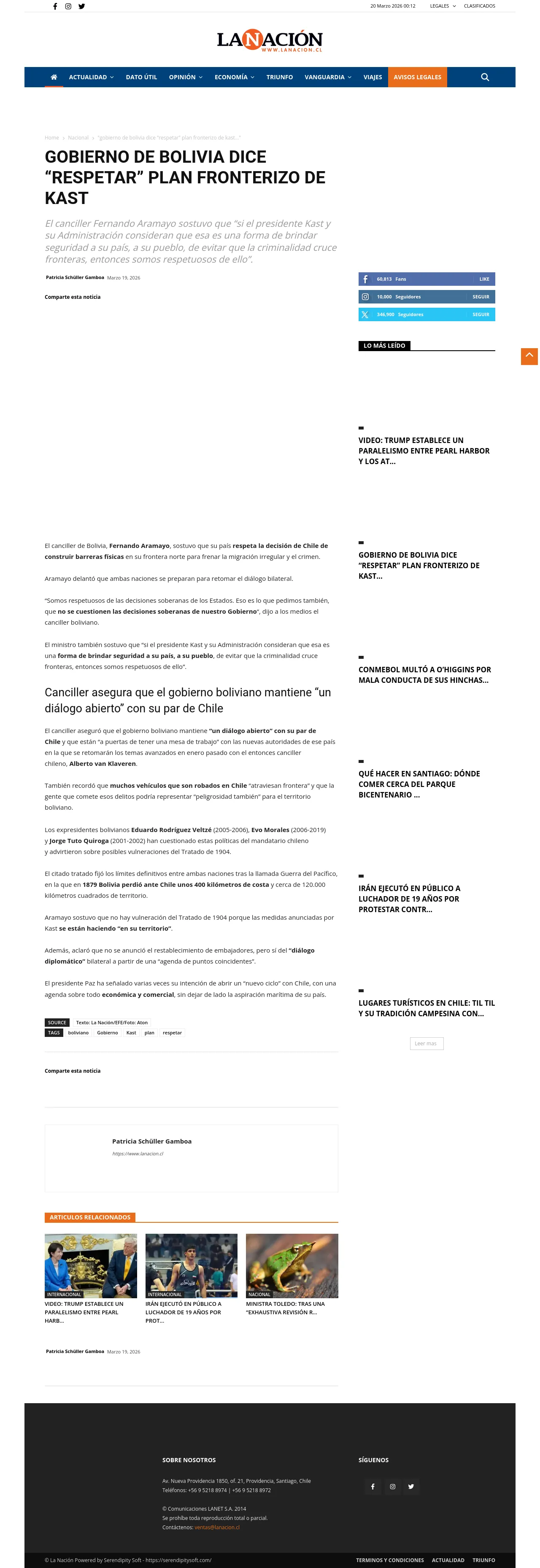 Gobierno de Bolivia dice “respetar” plan fronterizo de Kast