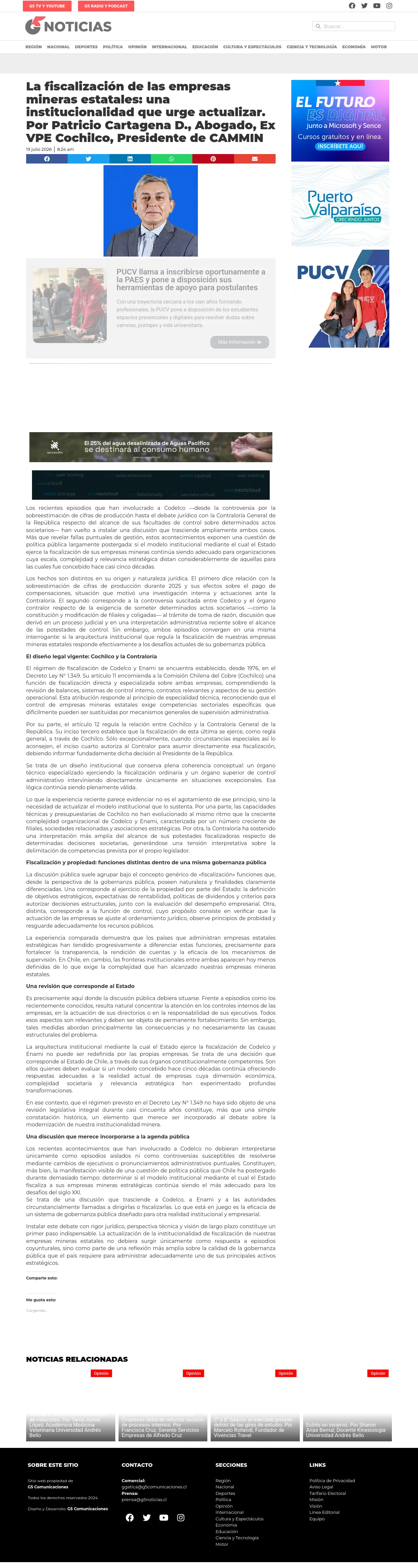 La fiscalización de las empresas mineras estatales: una institucionalidad que urge actualizar. Por Patricio Cartagena D., Abogado, Ex VPE Cochilco, Presidente de CAMMIN