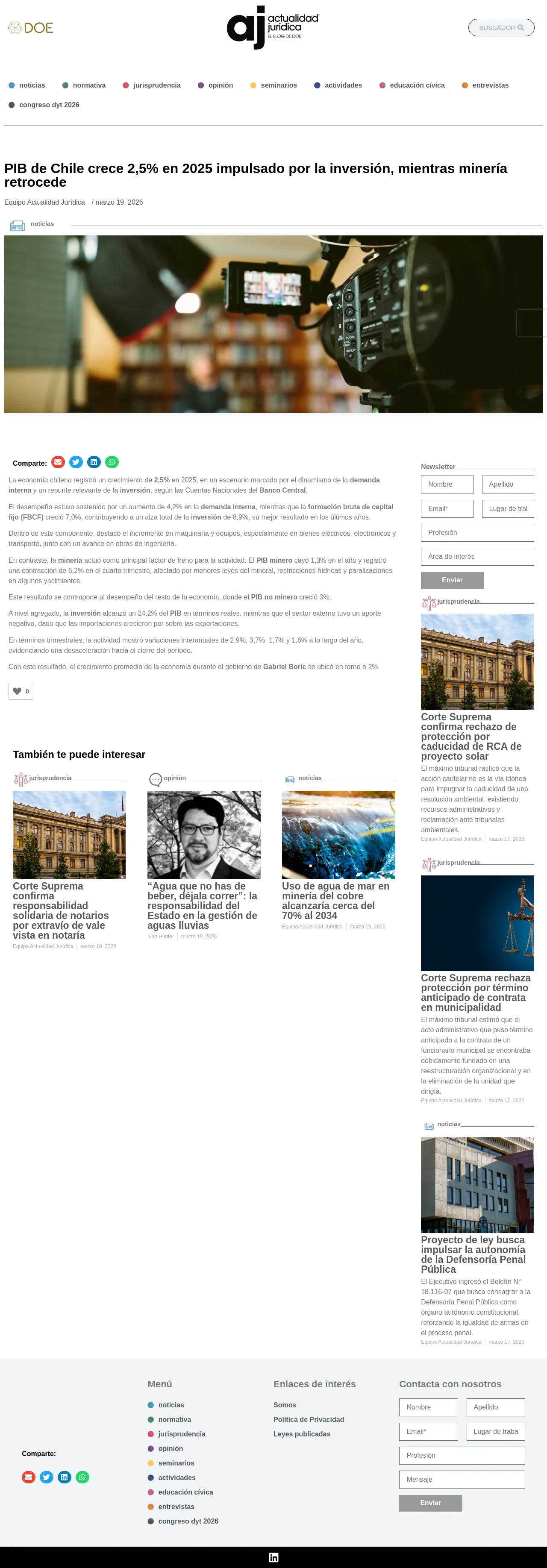 PIB de Chile crece 2,5% en 2025 impulsado por la inversión, mientras minería retrocede - DOE