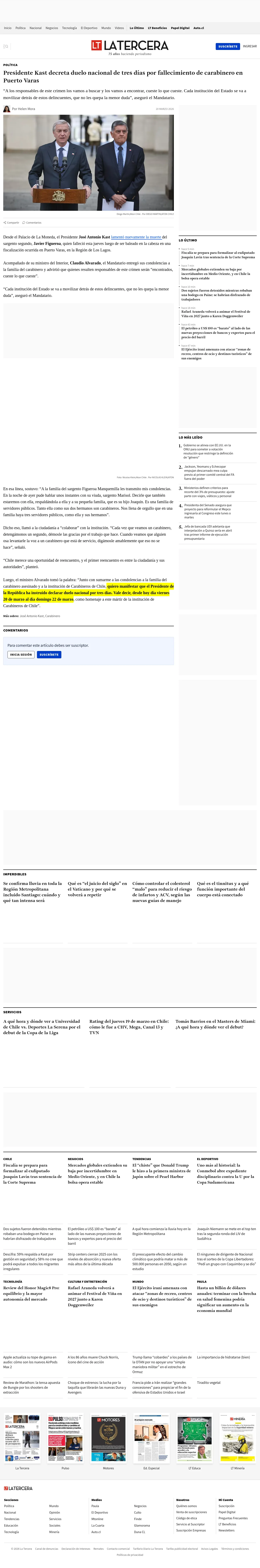 Presidente Kast decreta duelo nacional de tres días por fallecimiento de carabinero en Puerto Varas