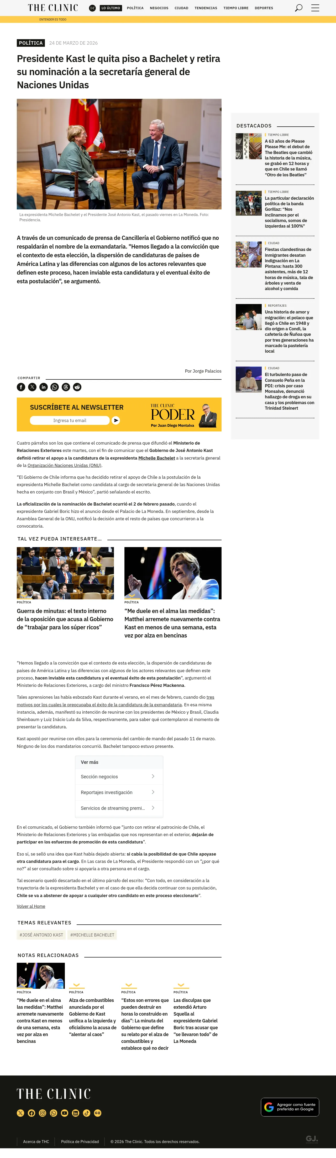 Presidente Kast le quita piso a Bachelet y retira su nominación a la secretaría general de Naciones Unidas