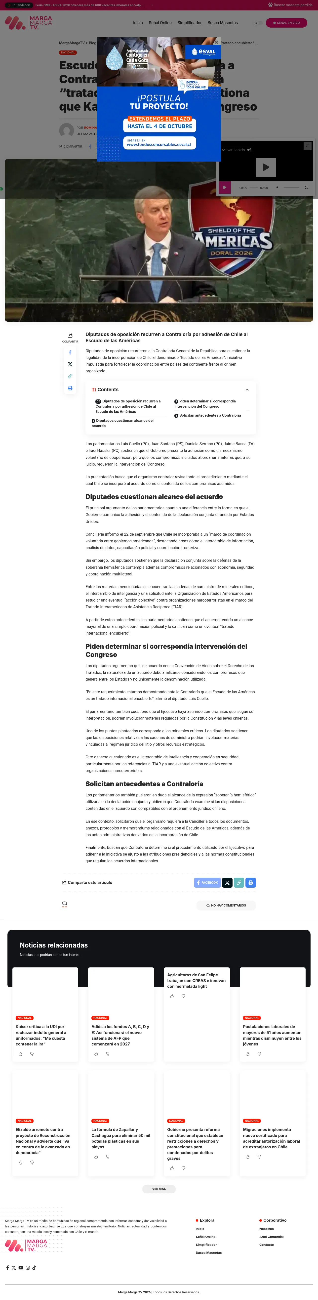 Escudo de las Américas llega a Contraloría: oposición acusa “tratado encubierto” y cuestiona que Kast no recurriera al Congreso