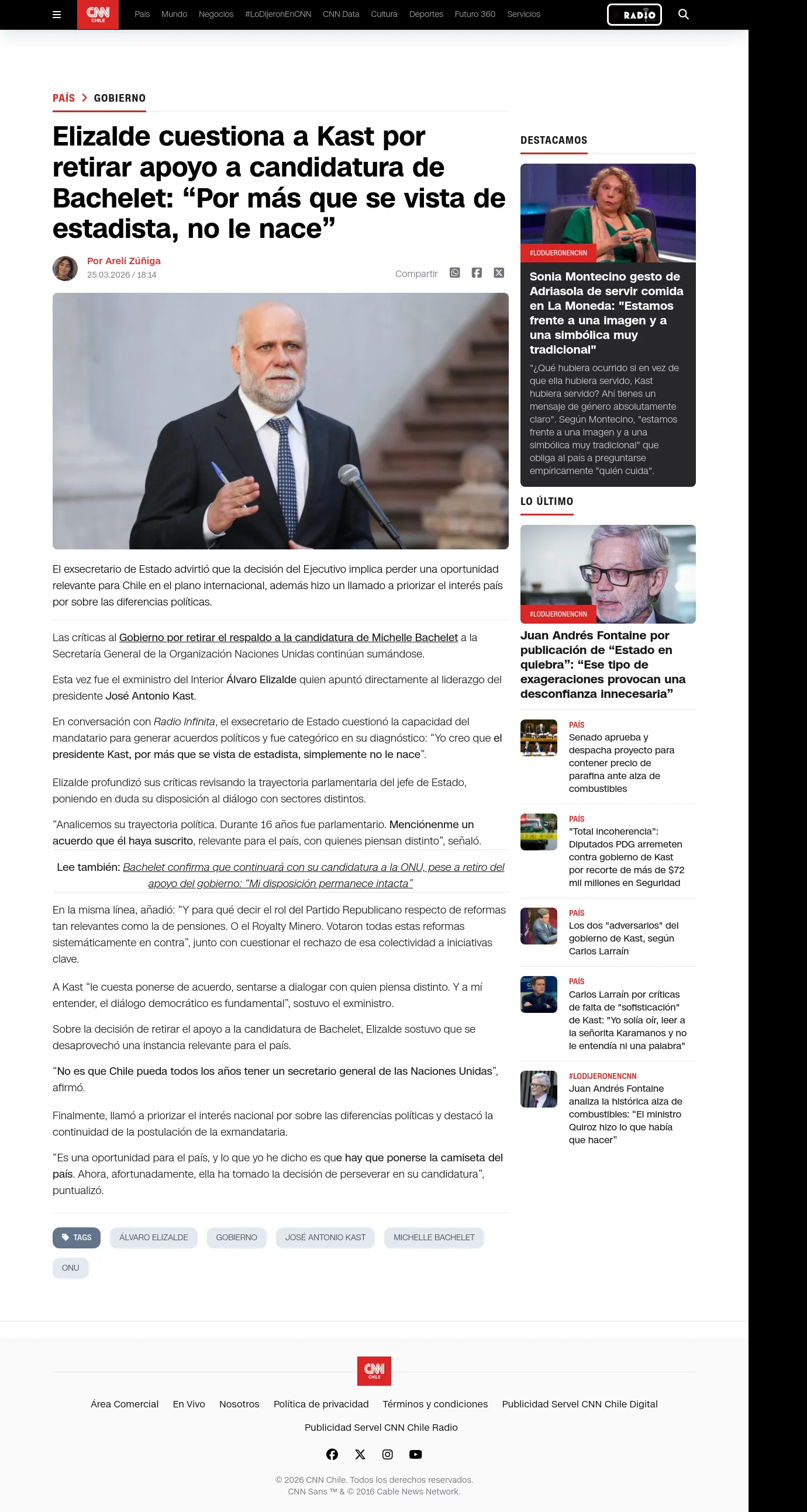 Elizalde cuestiona a Kast por retirar apoyo a candidatura de Bachelet: “Por más que se vista de estadista, no le nace”