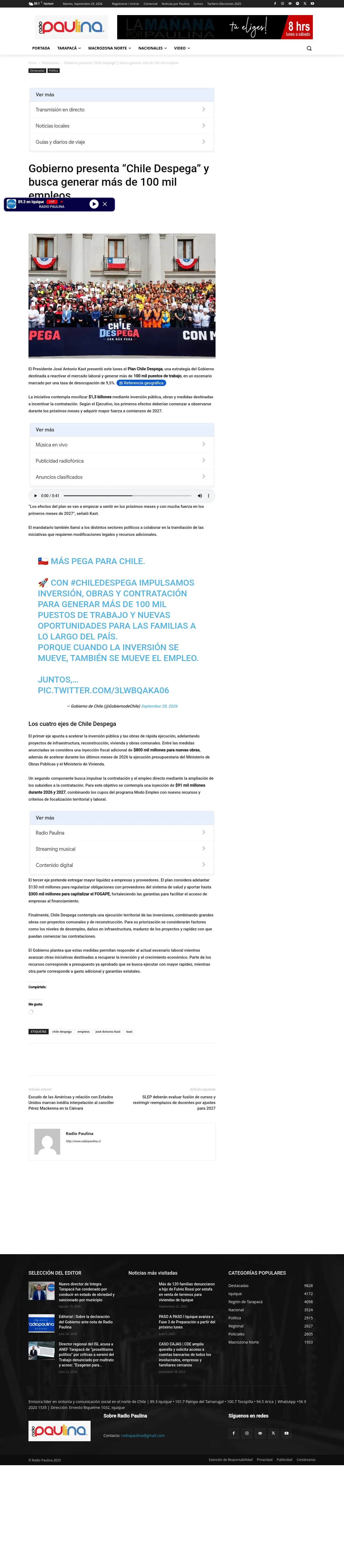 Gobierno presenta “Chile Despega” y busca generar más de 100 mil empleos