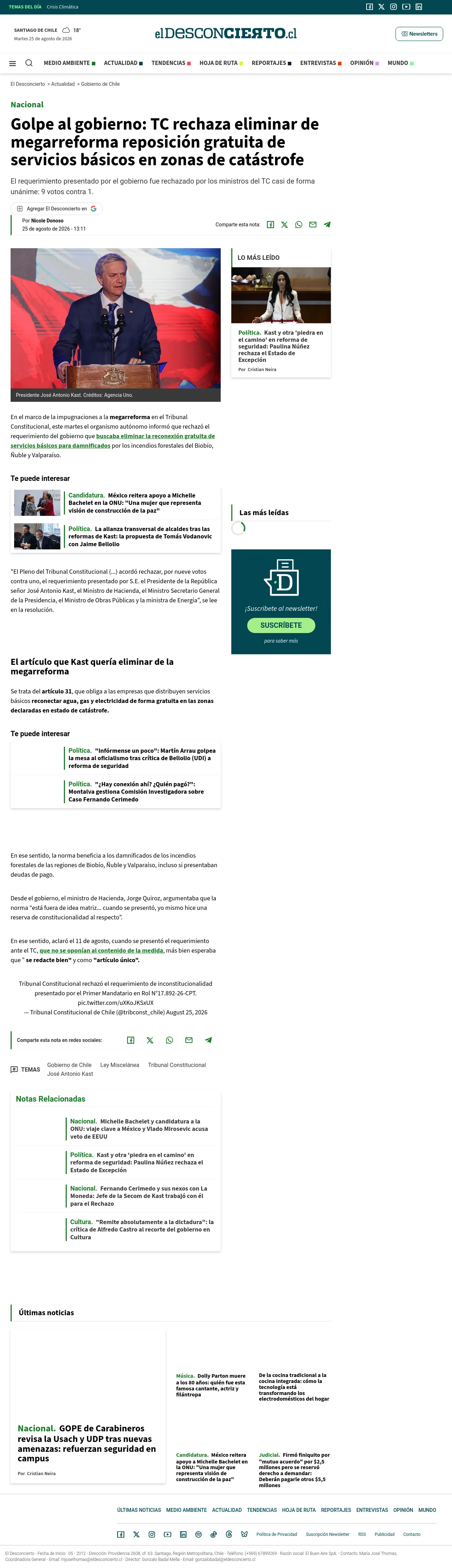 Golpe al gobierno: TC rechaza eliminar de megarreforma reposición gratuita de servicios básicos en zonas de catástrofe