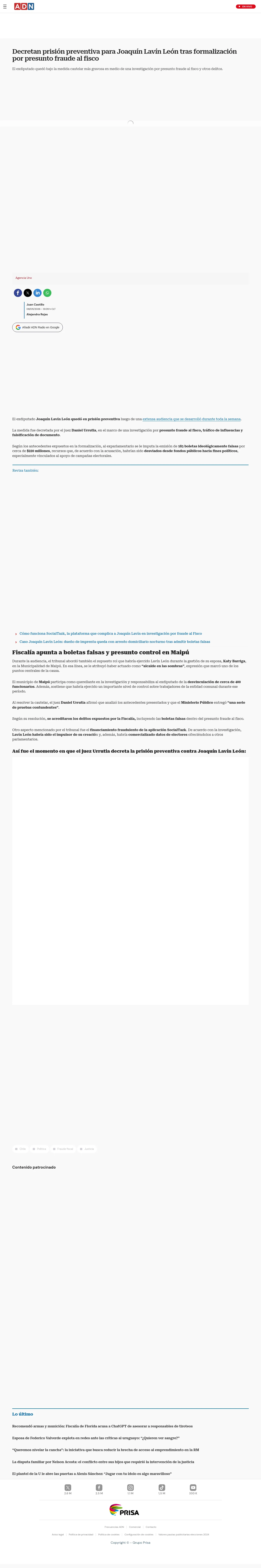 Decretan prisión preventiva para Joaquín Lavín León tras formalización por presunto fraude al fisco