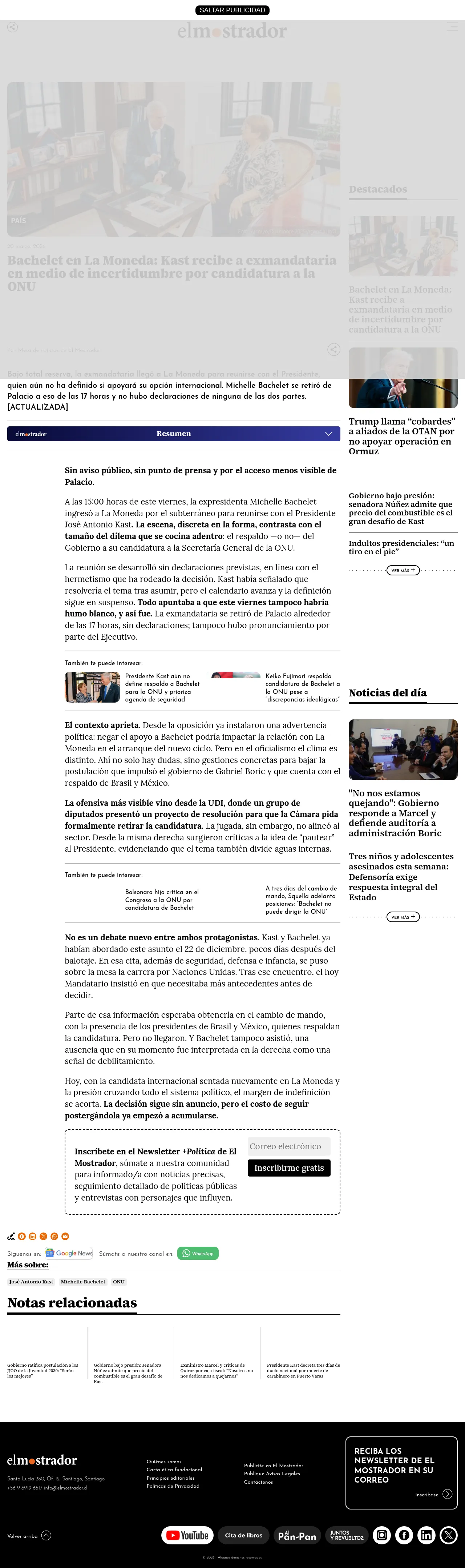 Bachelet en La Moneda: Kast recibe a exmandataria en medio de incertidumbre por candidatura a la ONU