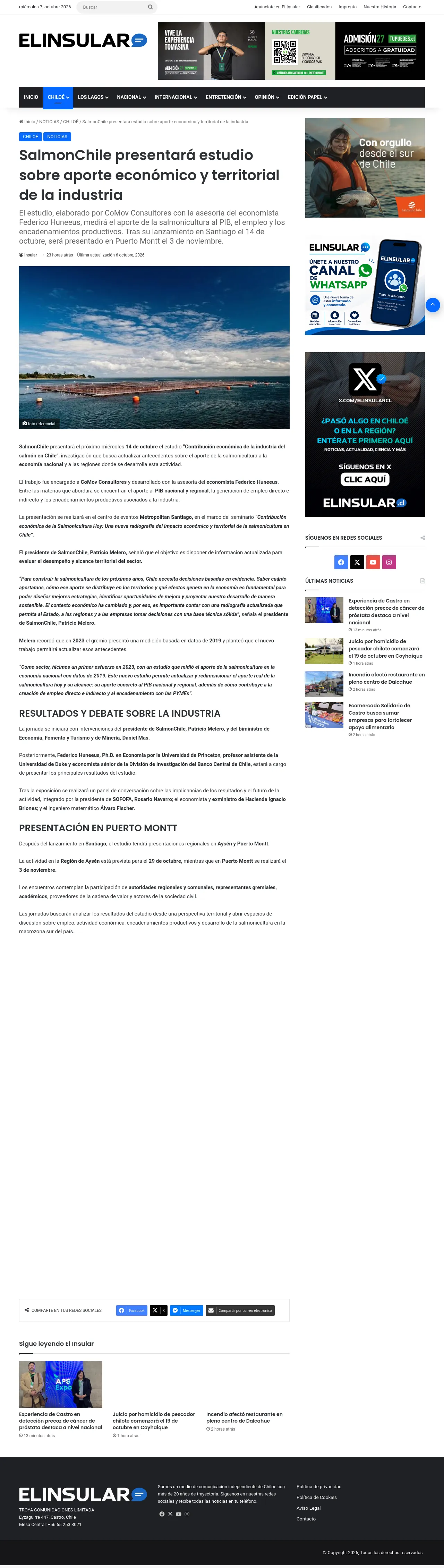 SalmonChile presentará estudio sobre aporte económico y territorial de la industria