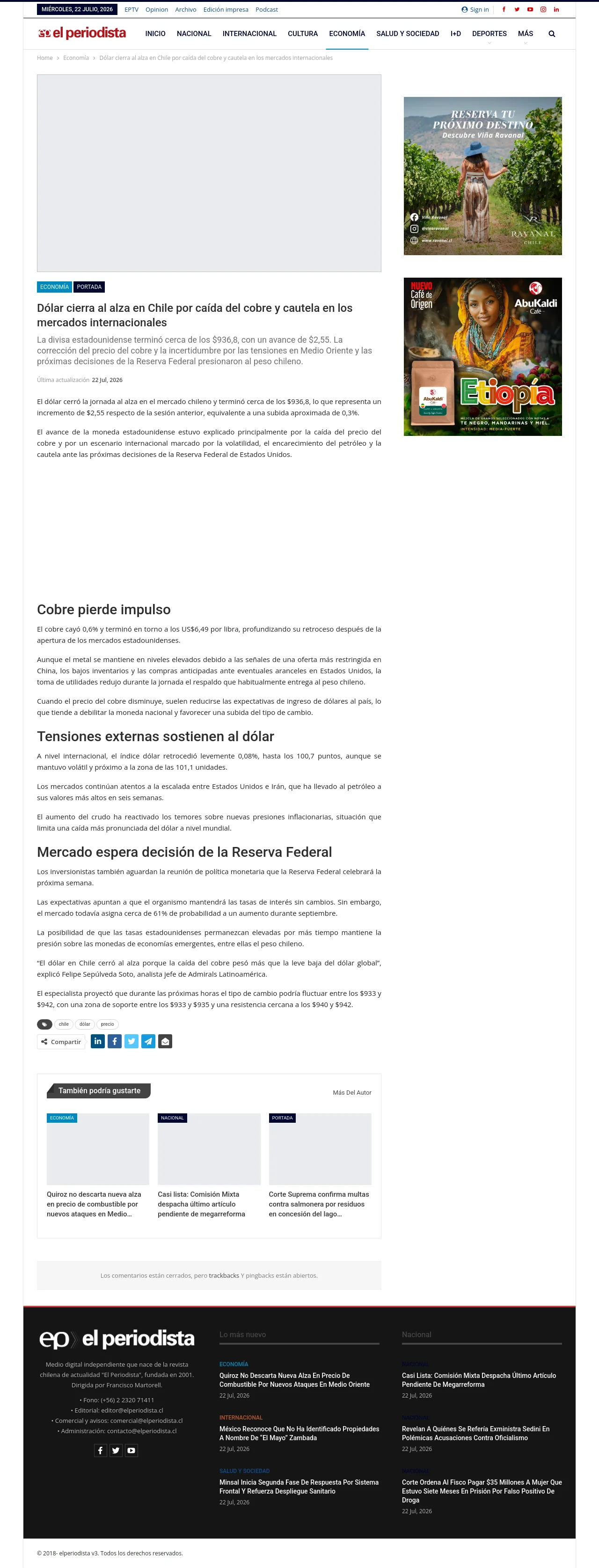 Dólar cierra al alza en Chile por caída del cobre y cautela en los mercados internacionales
