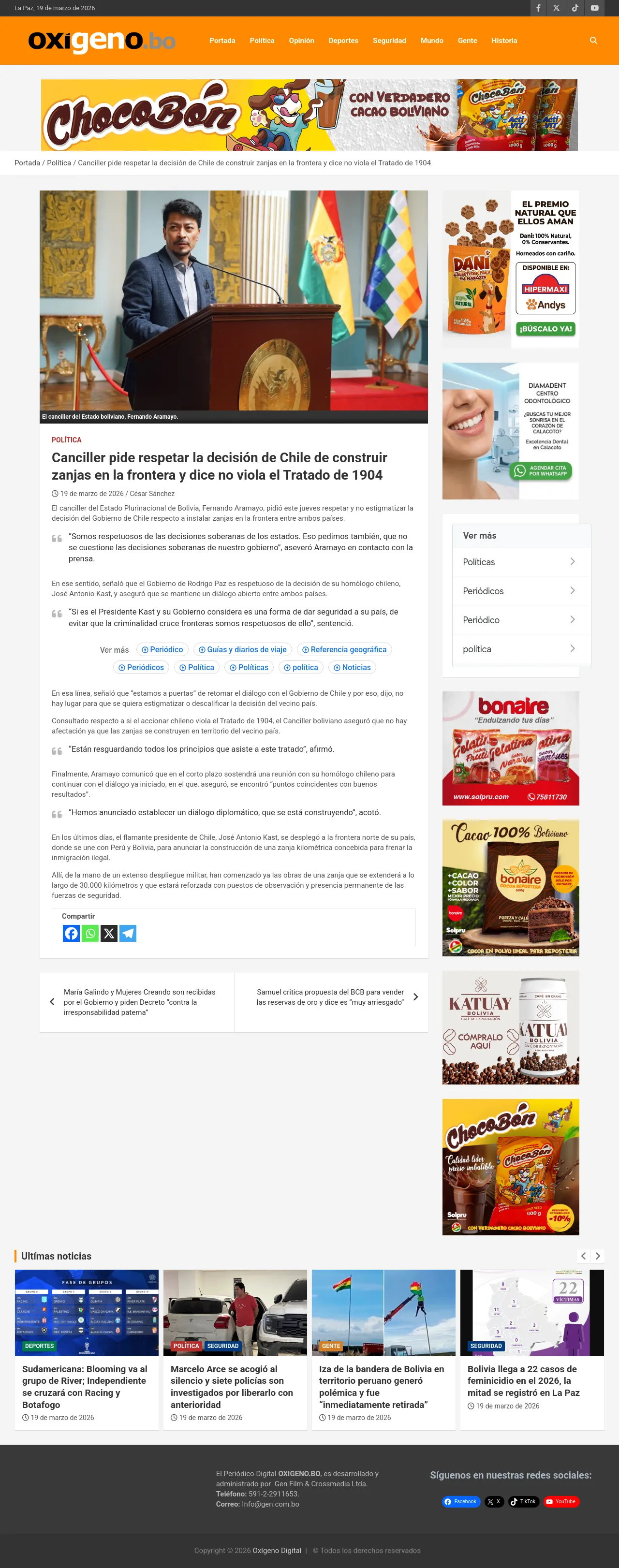 Canciller pide respetar la decisión de Chile de construir zanjas en la frontera y dice no viola el Tratado de 1904