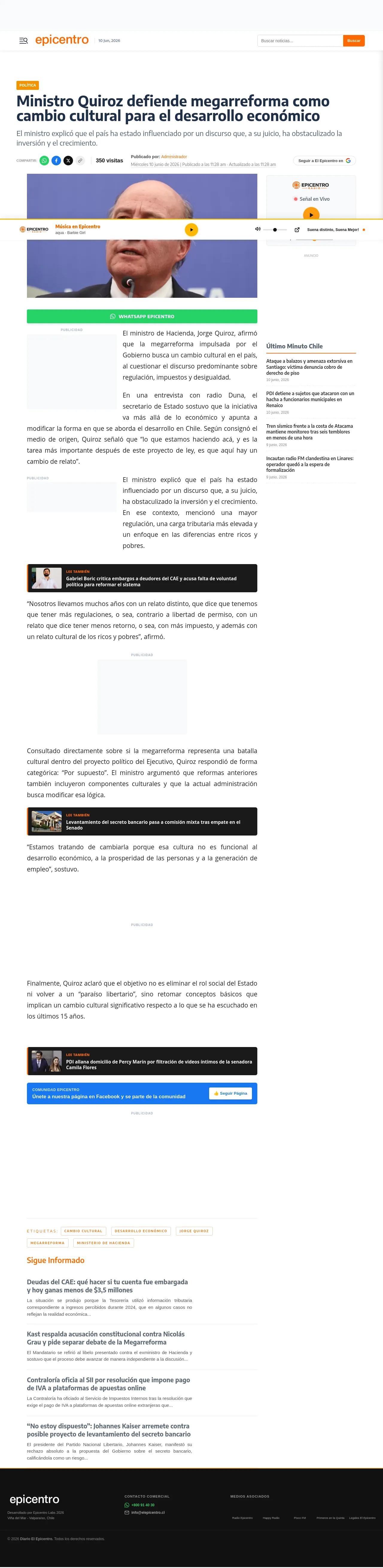 Ministro Quiroz defiende megarreforma como cambio cultural para el desarrollo económico