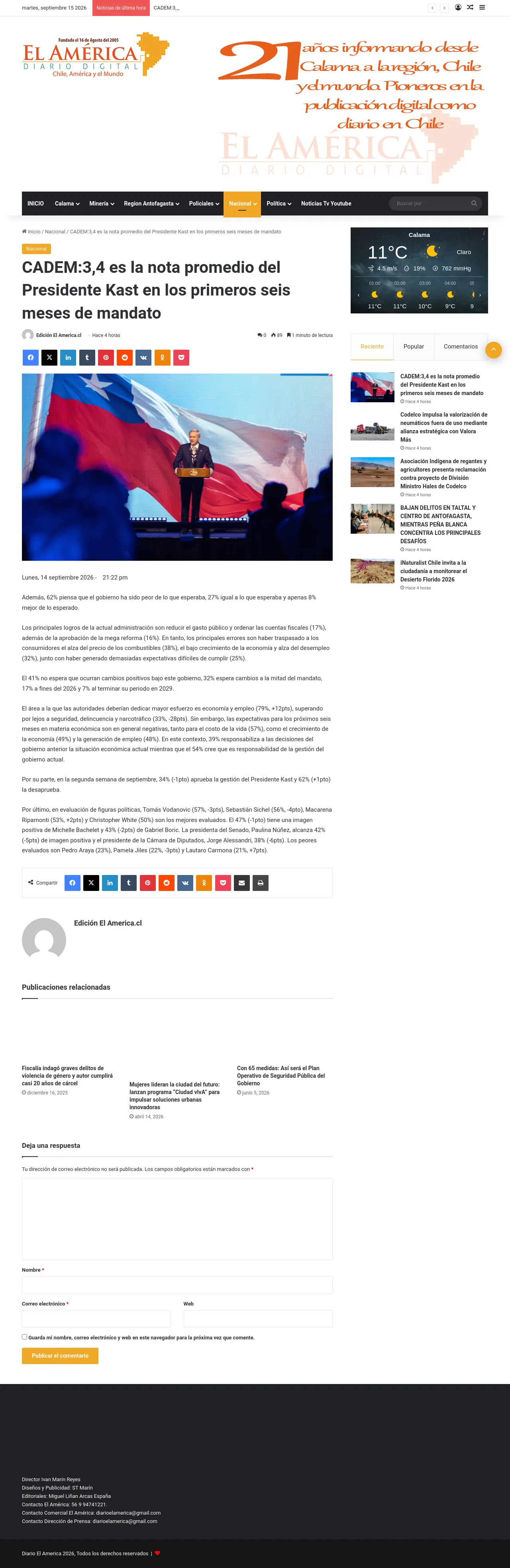 CADEM:3,4 es la nota promedio del Presidente Kast en los primeros seis meses de mandato – Diario El America