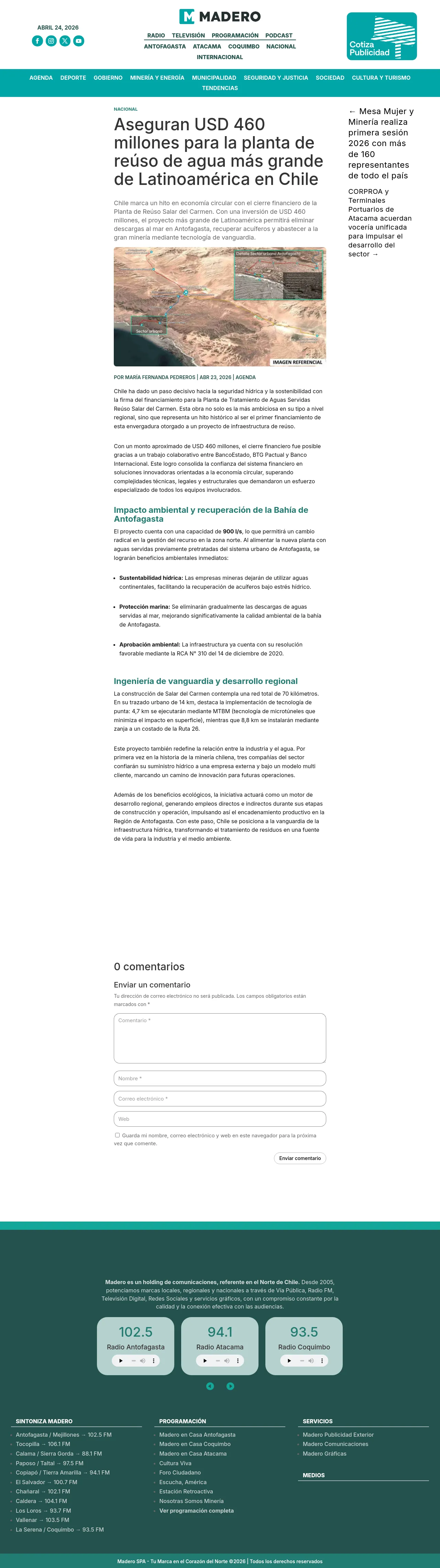 Aseguran USD 460 millones para la planta de reúso de agua más grande de Latinoamérica en Chile