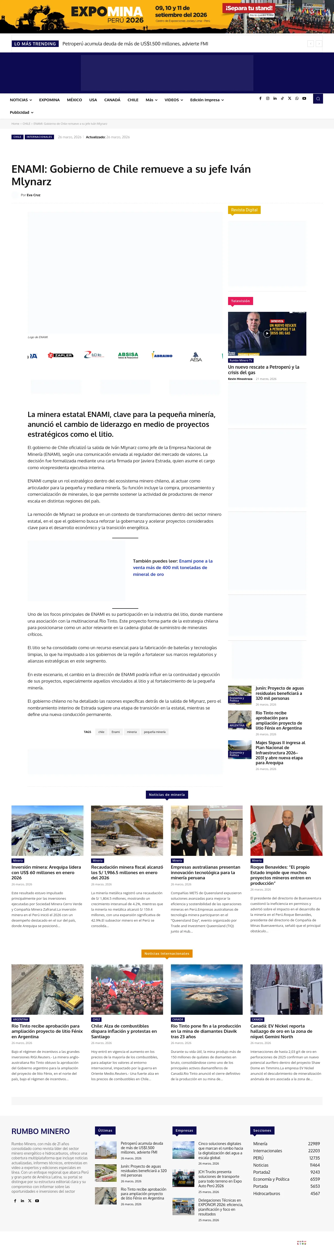 ENAMI: Gobierno de Chile remueve a su jefe Iván Mlynarz