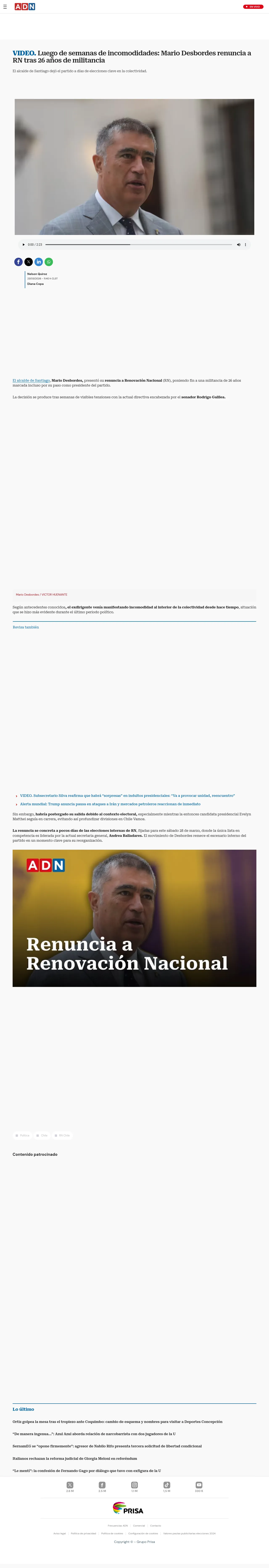 Luego de semanas de incomodidades: Mario Desbordes renuncia a RN tras 26 años de militancia