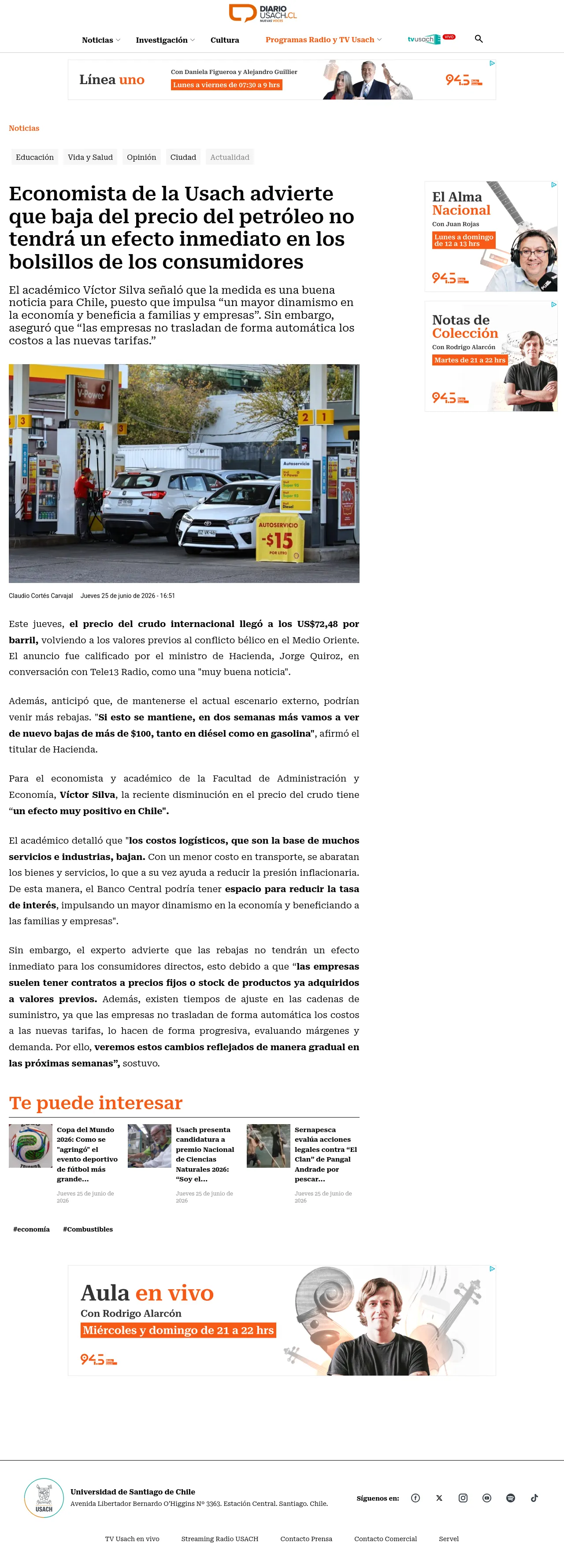 Economista de la Usach advierte que baja del precio del petróleo no tendrá un efecto inmediato en los bolsillos de los consumidores
