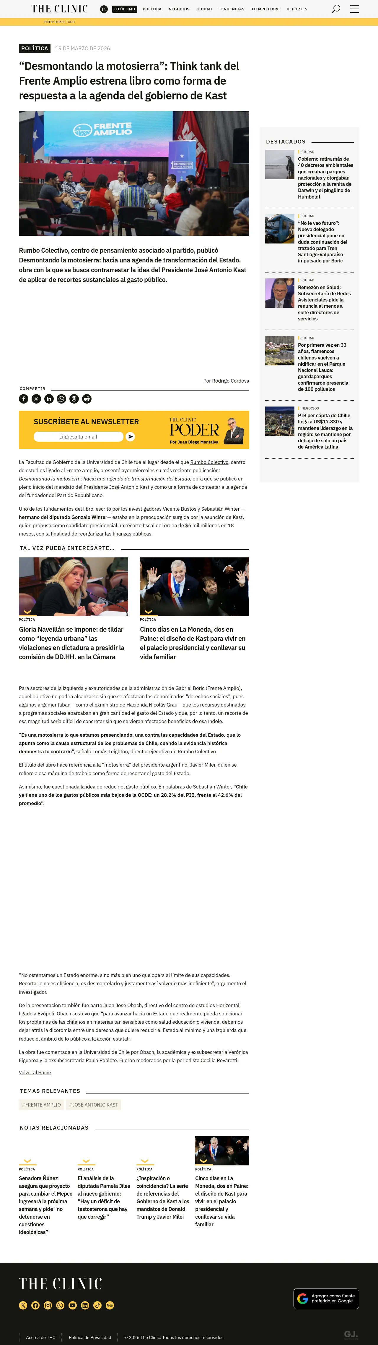 “Desmontando la motosierra”: Think tank del Frente Amplio estrena libro como forma de respuesta a la agenda del gobierno de Kast