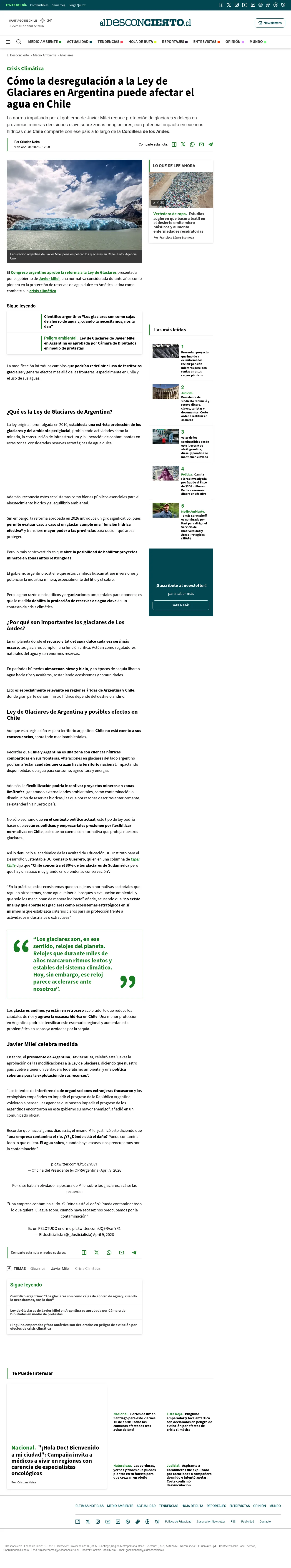 Cómo la desregulación a la Ley de Glaciares en Argentina puede afectar el agua en Chile
