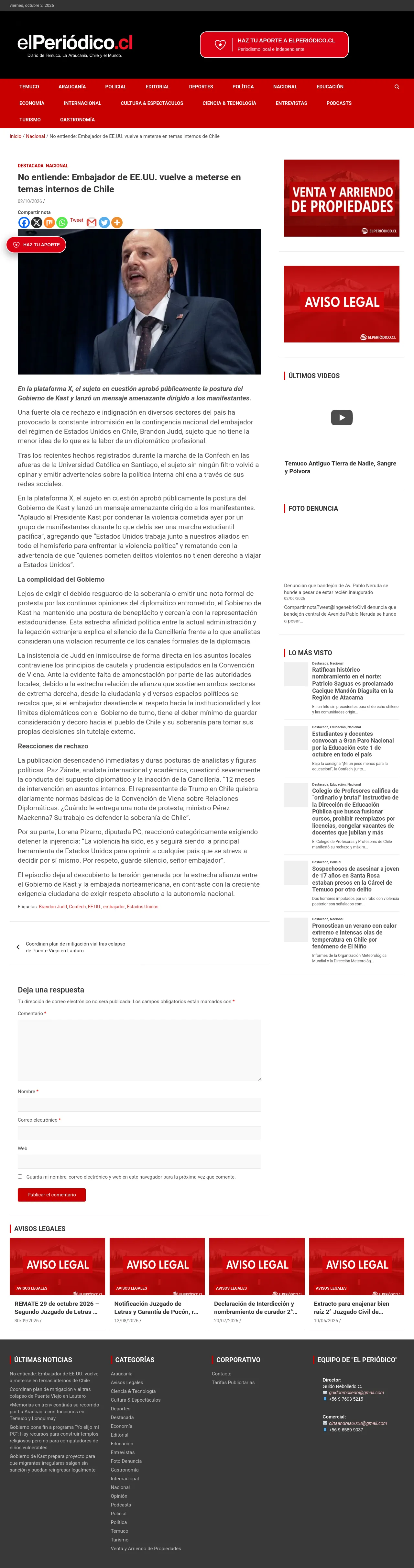 No entiende: Embajador de EE.UU. vuelve a meterse en temas internos de Chile