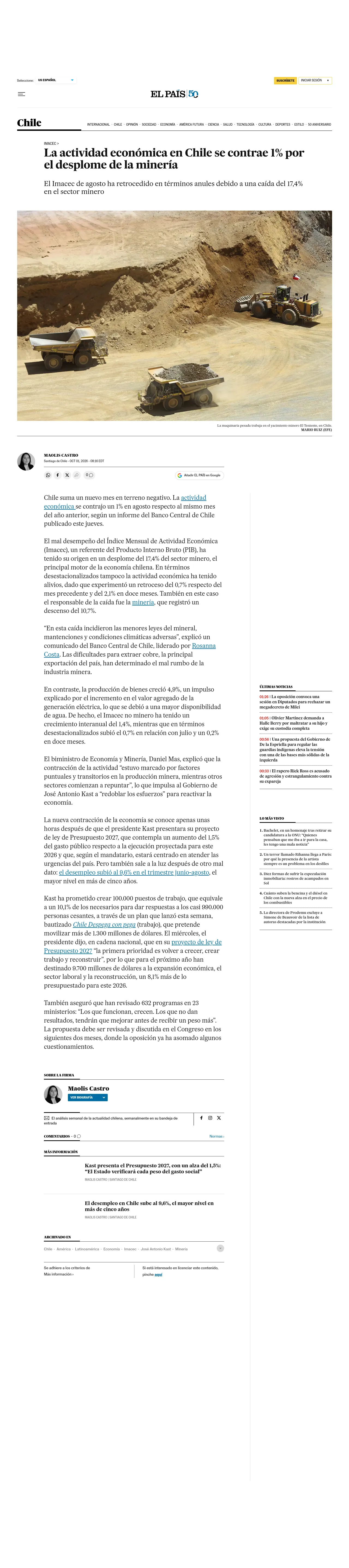 La actividad económica en Chile se contrae 1% por el desplome de la minería