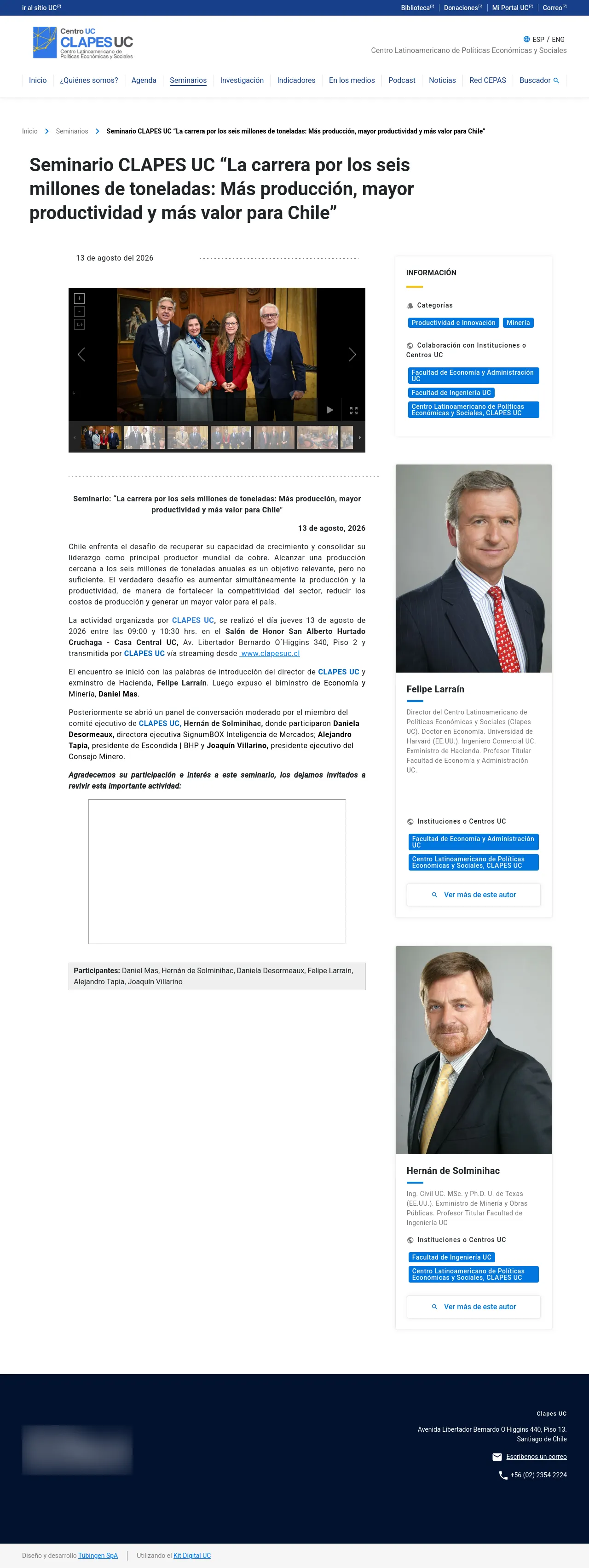 Seminario CLAPES UC “La carrera por los seis millones de toneladas: Más producción, mayor productividad y más valor para Chile”