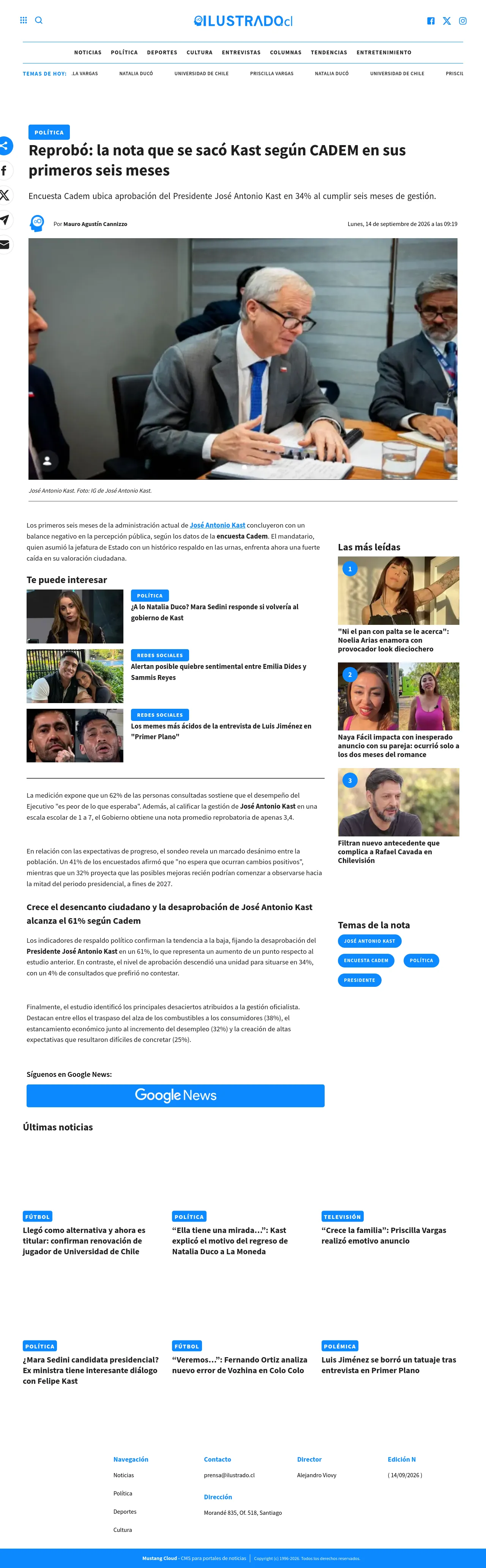 Reprobó: la nota que se sacó Kast según CADEM en sus primeros seis meses